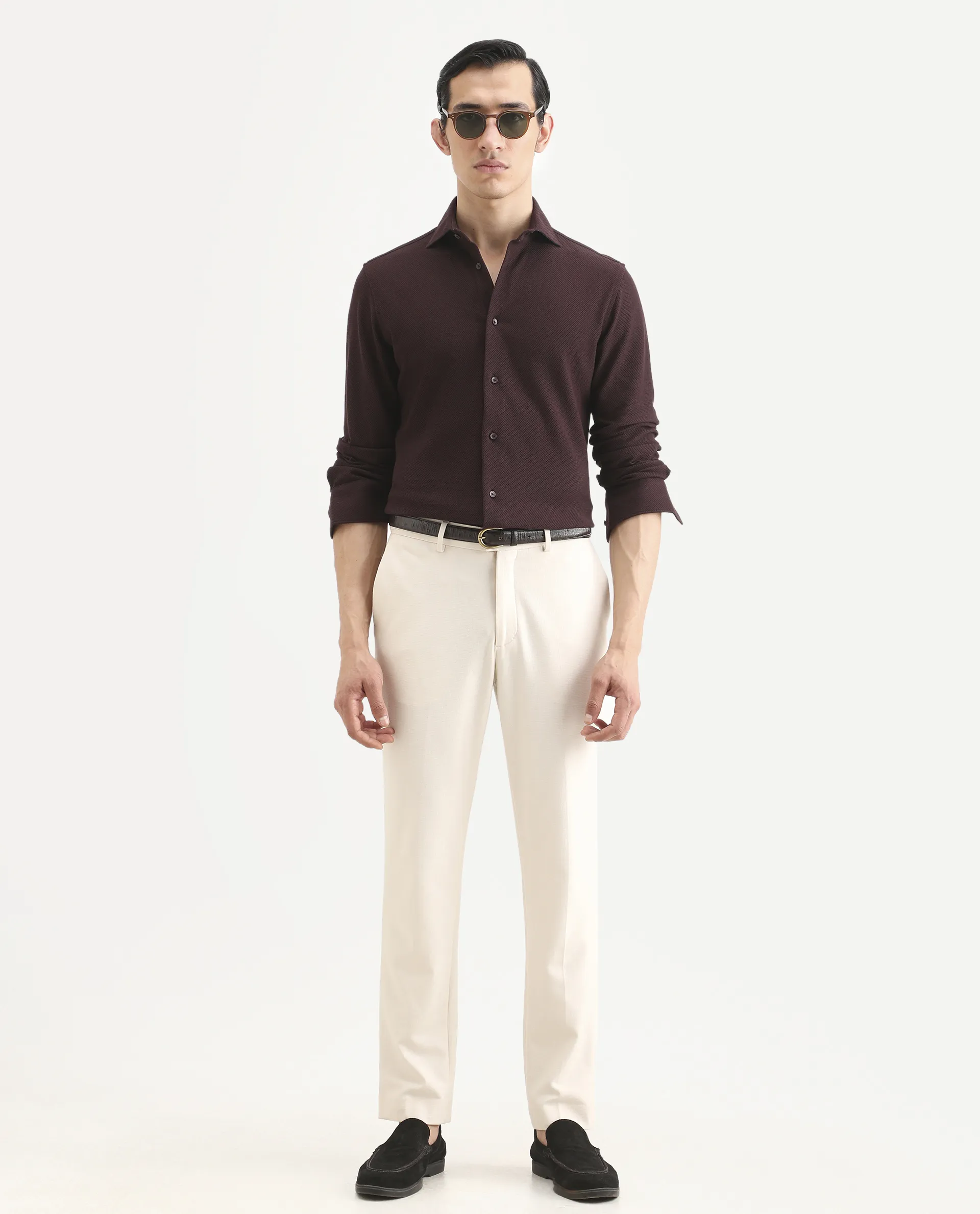 Rare Rabbit Men's Venziya-25 Dark Maroon Cotton Fabric Spread Collar Regular Fit Textured Shirt - Image 2