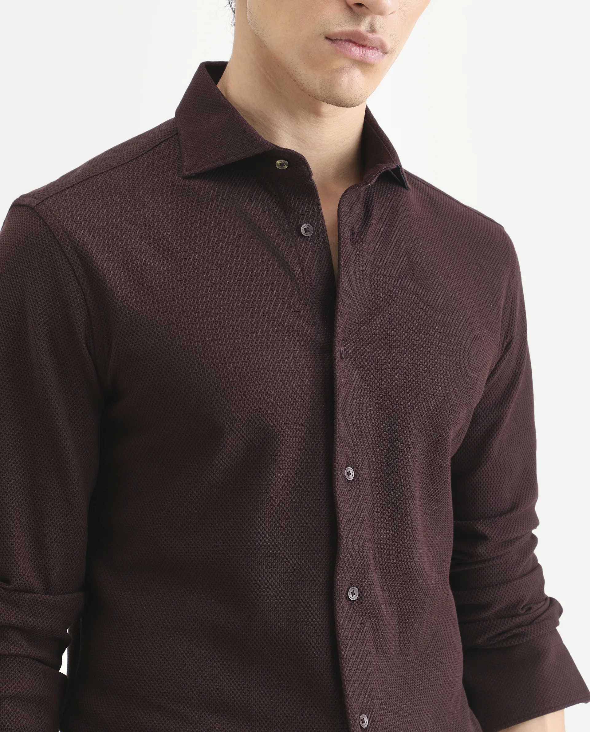 Rare Rabbit Men's Venziya-25 Dark Maroon Cotton Fabric Spread Collar Regular Fit Textured Shirt - Image 3