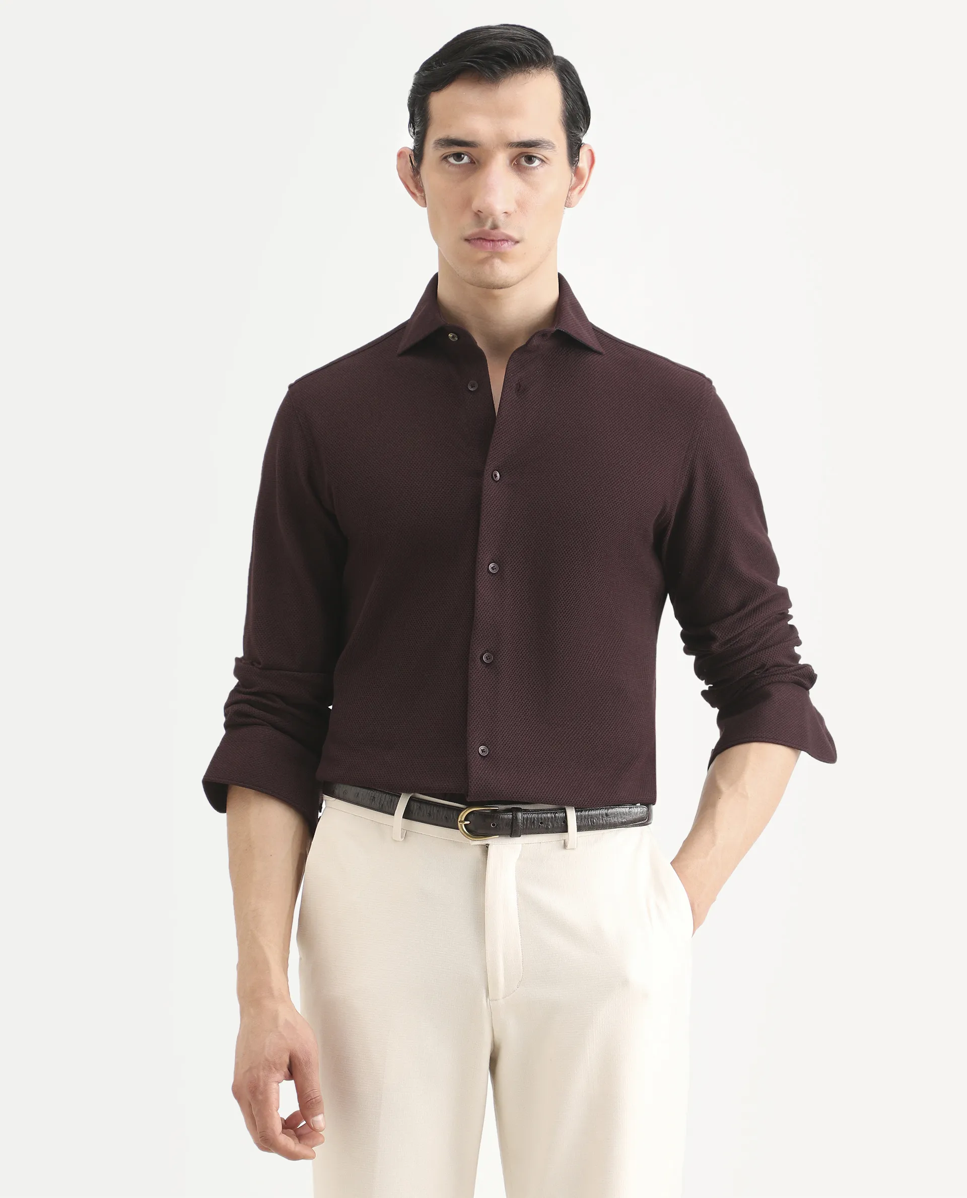 Rare Rabbit Men's Venziya-25 Dark Maroon Cotton Fabric Spread Collar Regular Fit Textured Shirt - Image 4