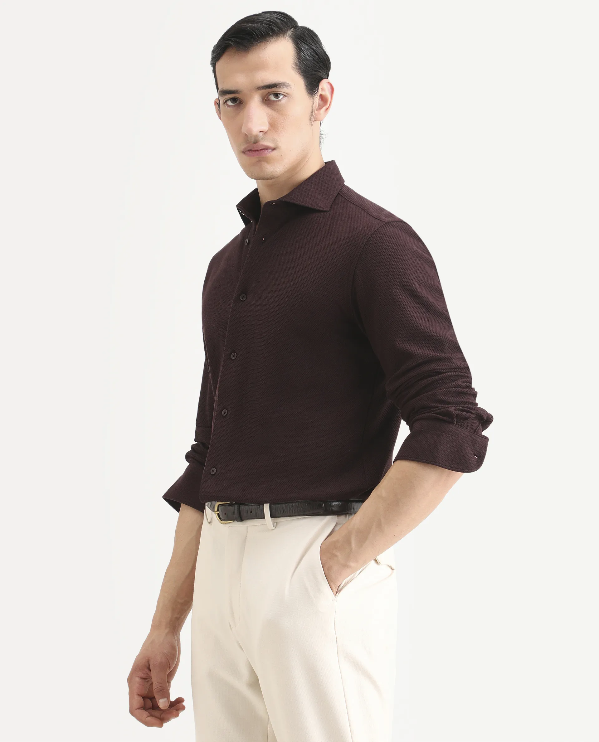 Rare Rabbit Men's Venziya-25 Dark Maroon Cotton Fabric Spread Collar Regular Fit Textured Shirt - Image 5