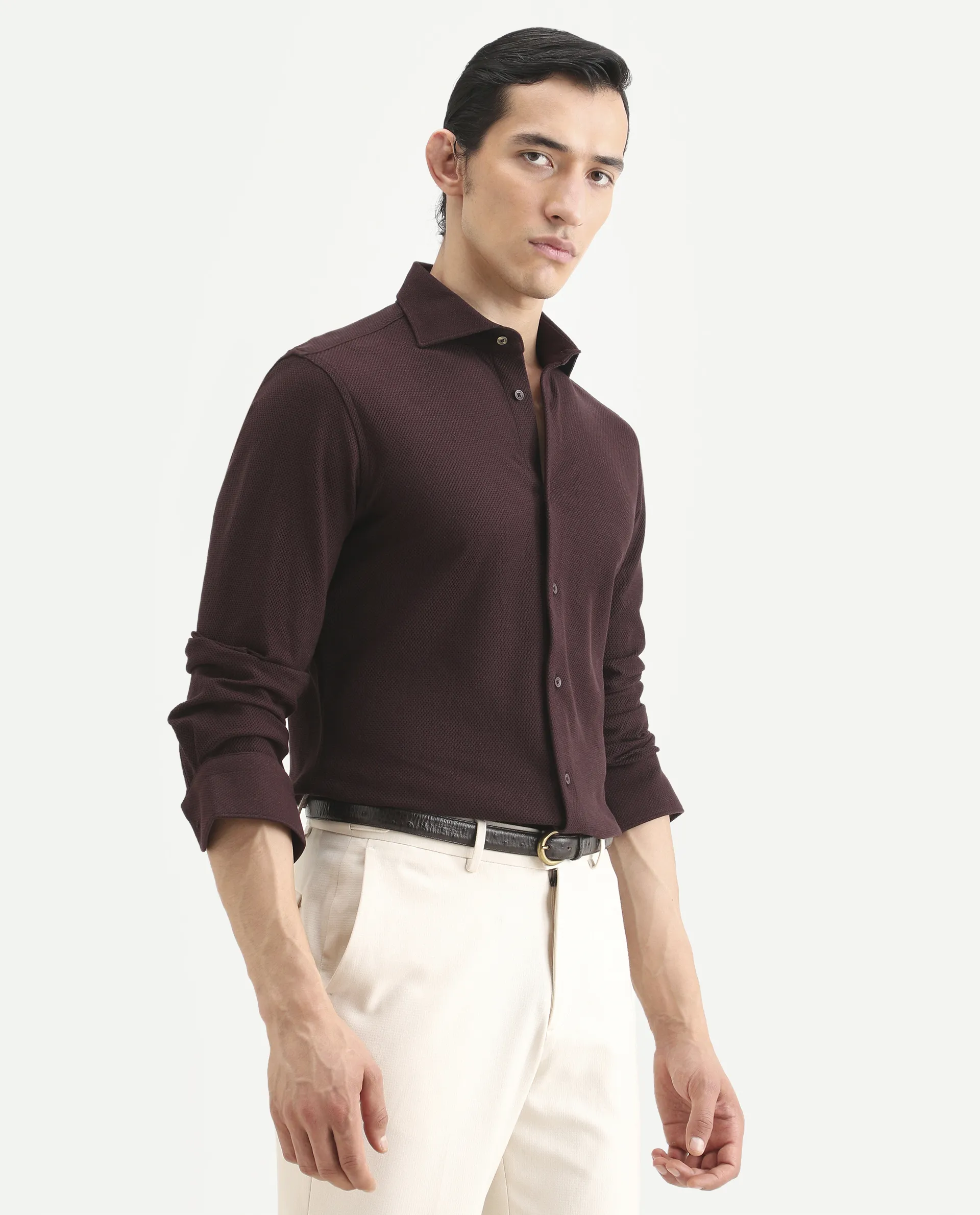 Rare Rabbit Men's Venziya-25 Dark Maroon Cotton Fabric Spread Collar Regular Fit Textured Shirt - Image 6