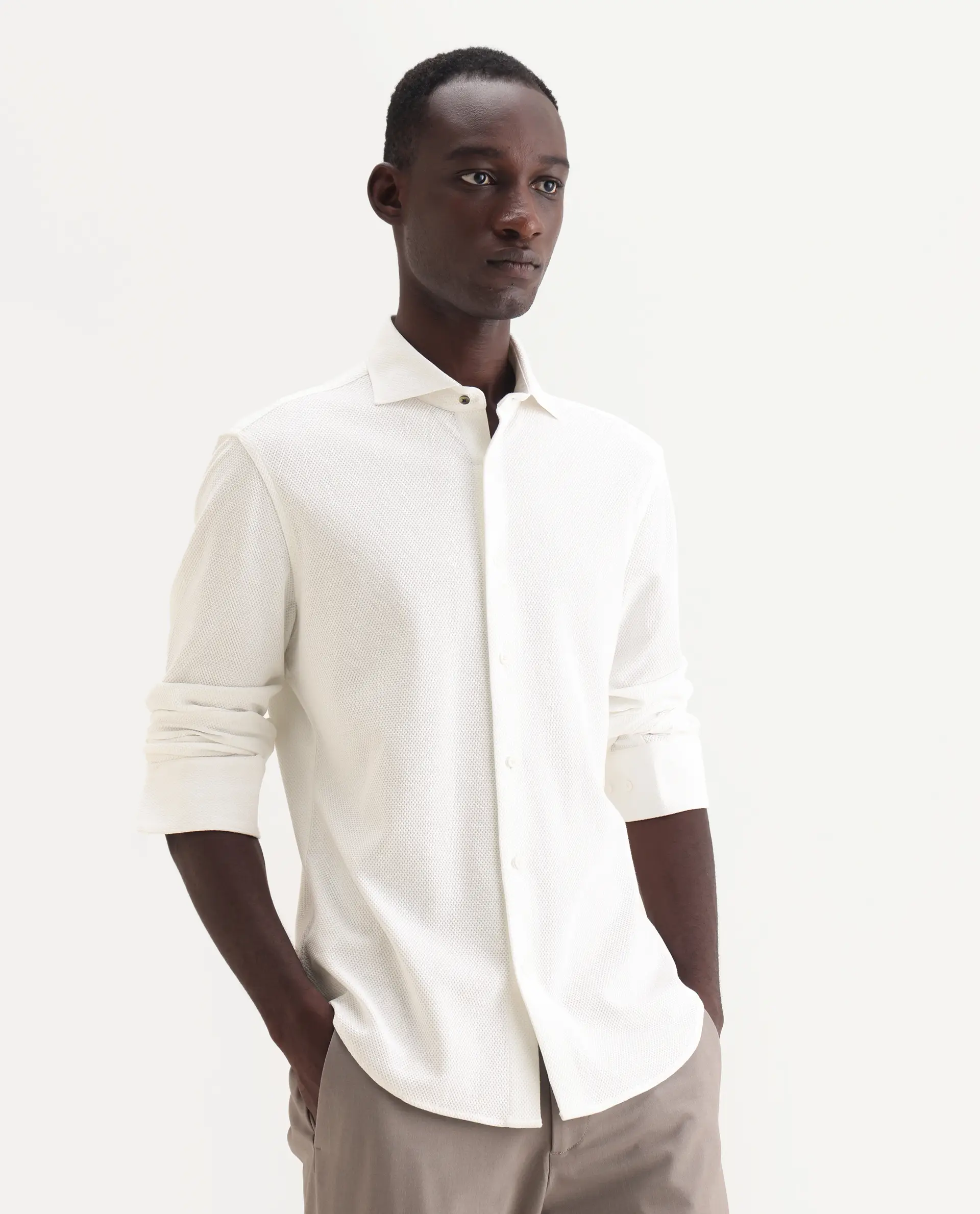 Rare Rabbit Men's Venziya-25 White Cotton Fabric Spread Collar Regular Fit Textured Shirt - Image 4