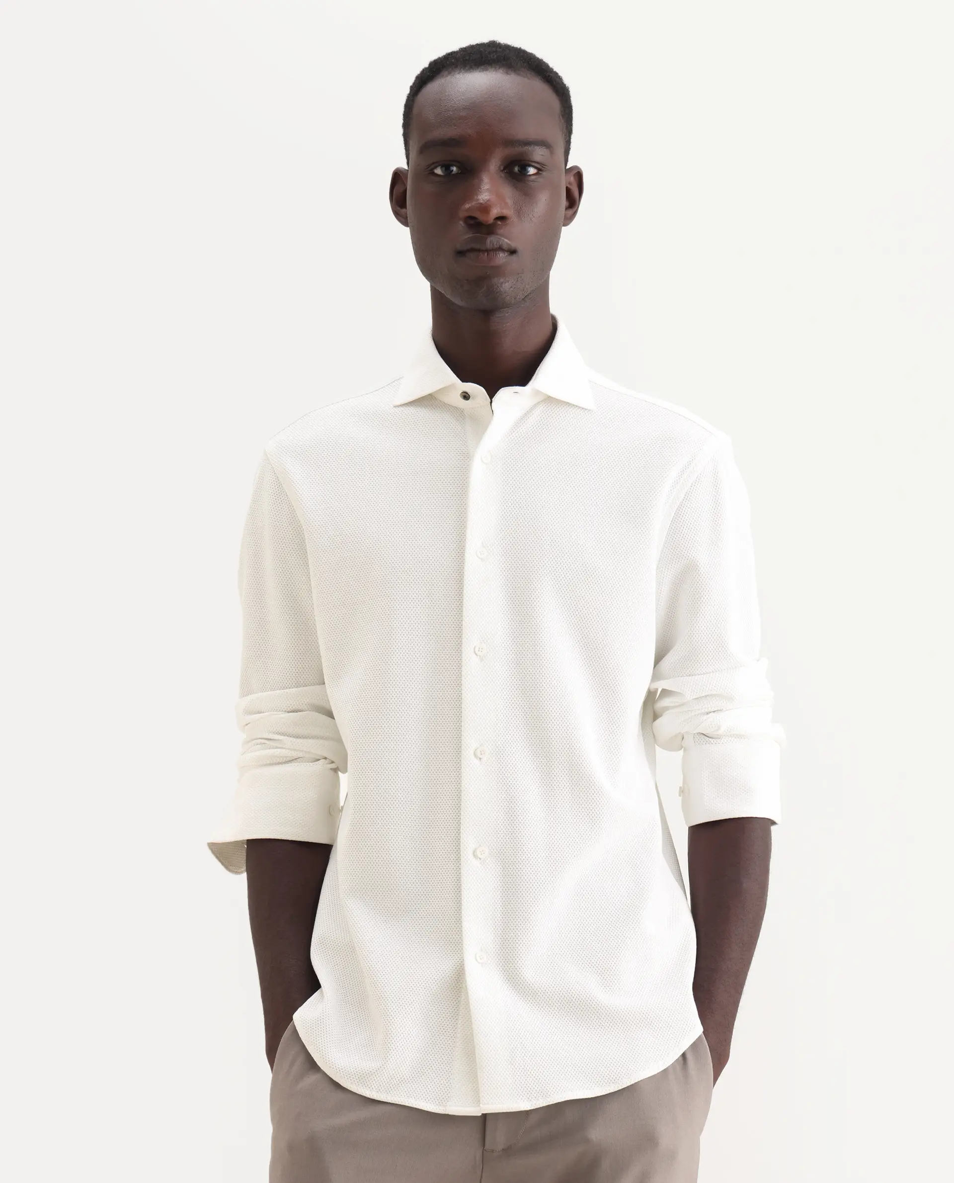 Rare Rabbit Men's Venziya-25 White Cotton Fabric Spread Collar Regular Fit Textured Shirt - Image 6