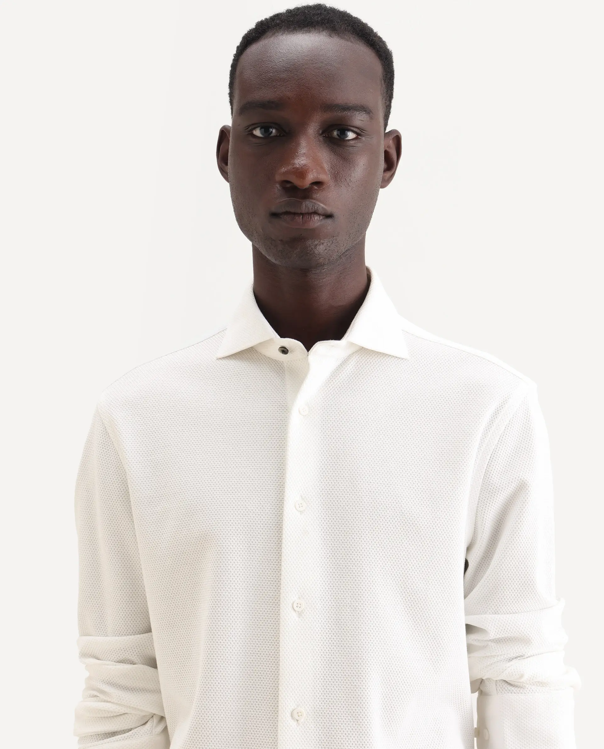 Rare Rabbit Men's Venziya-25 White Cotton Fabric Spread Collar Regular Fit Textured Shirt - Image 7