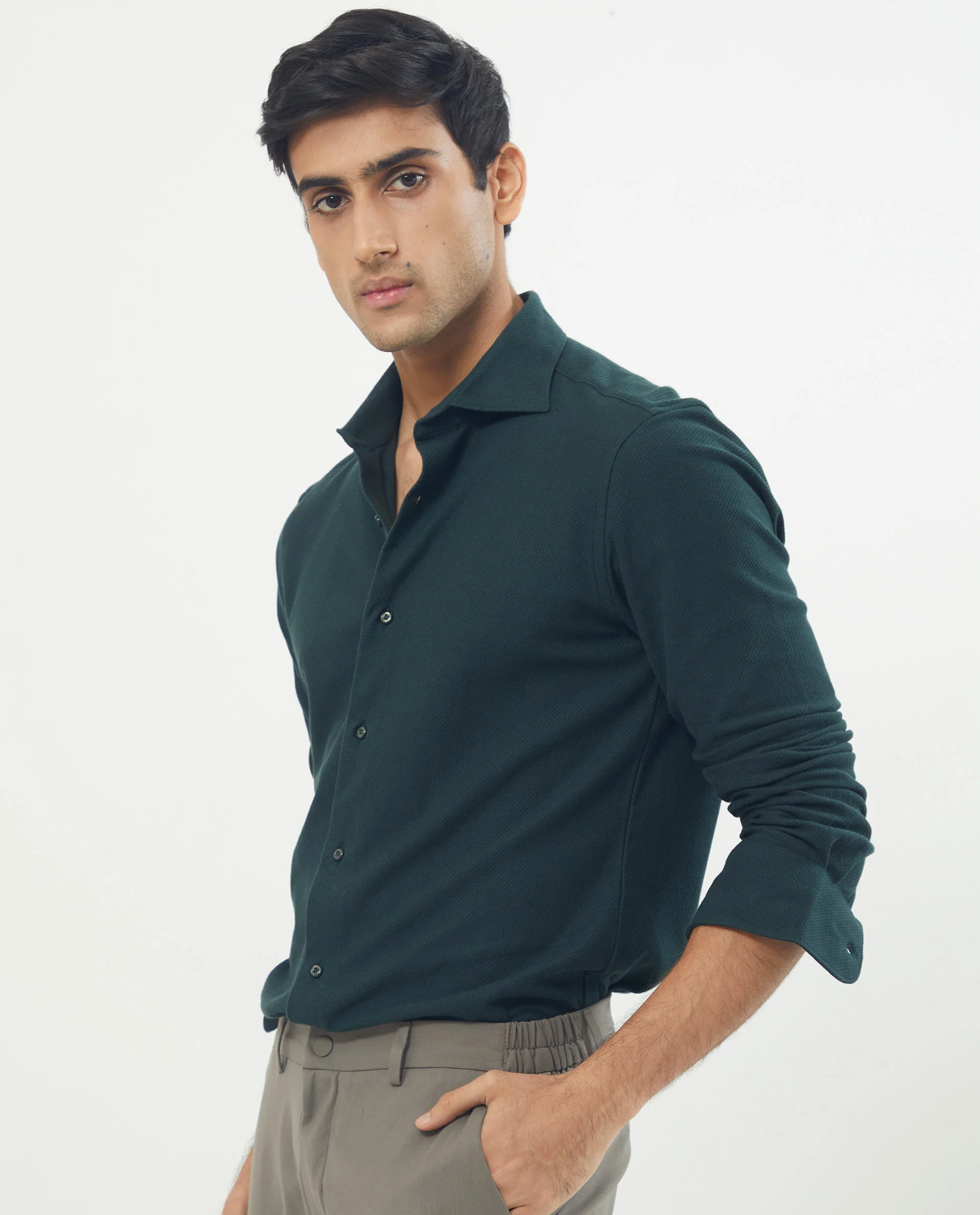 Rare Rabbit Men's Venziya Dark Green Cotton Plain Regular Fit Full Sleeve Collared Shirt - Image 8