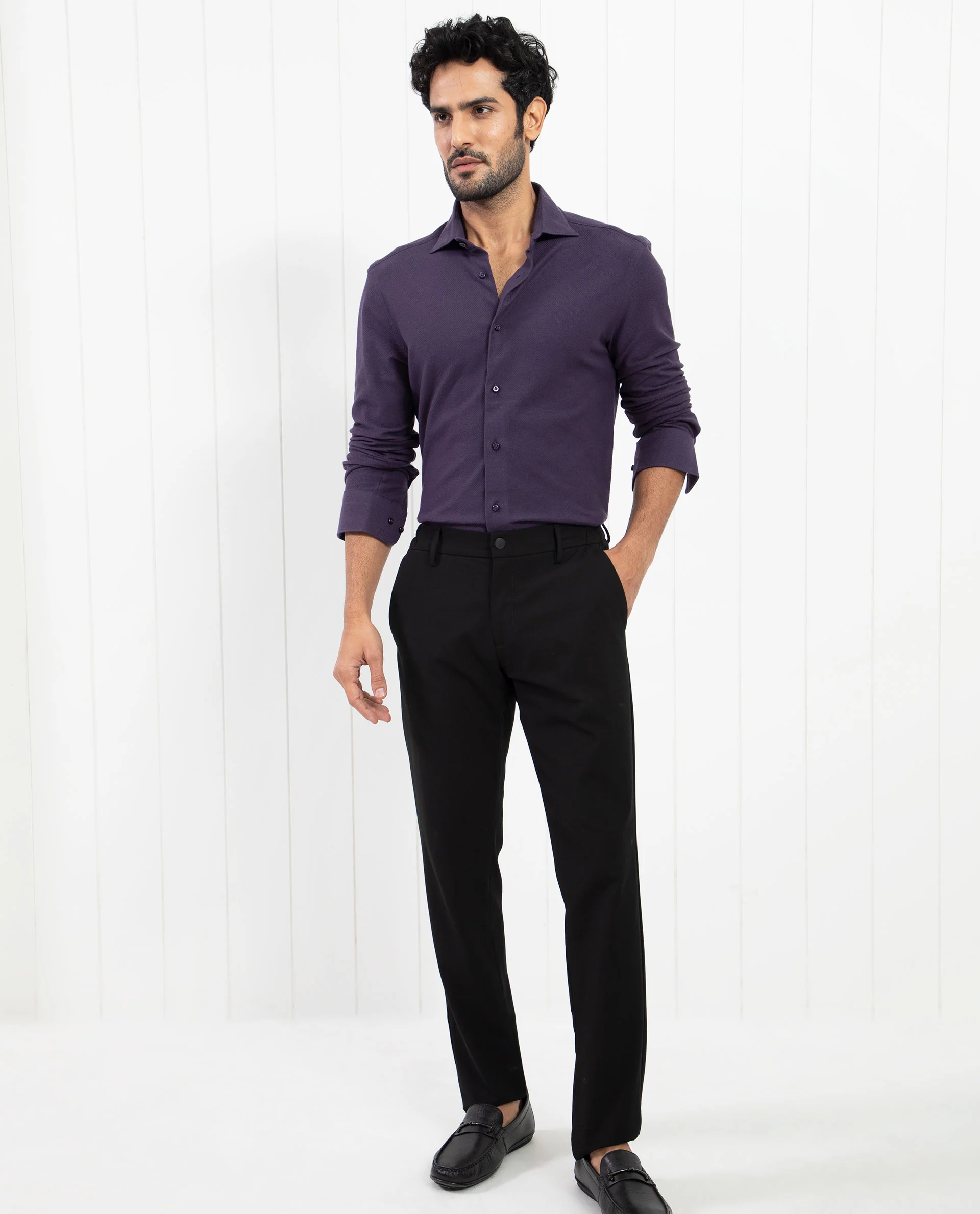 Rare Rabbit Men's Venziya Dark Purple Cotton Plain Regular Fit Full Sleeve Collared Shirt - Image 2