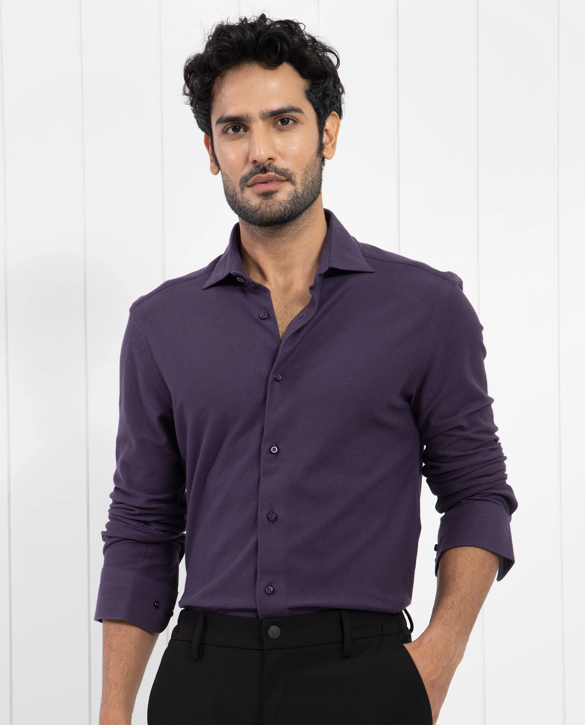 Rare Rabbit Men's Venziya Dark Purple Cotton Plain Regular Fit Full Sleeve Collared Shirt - Image 3