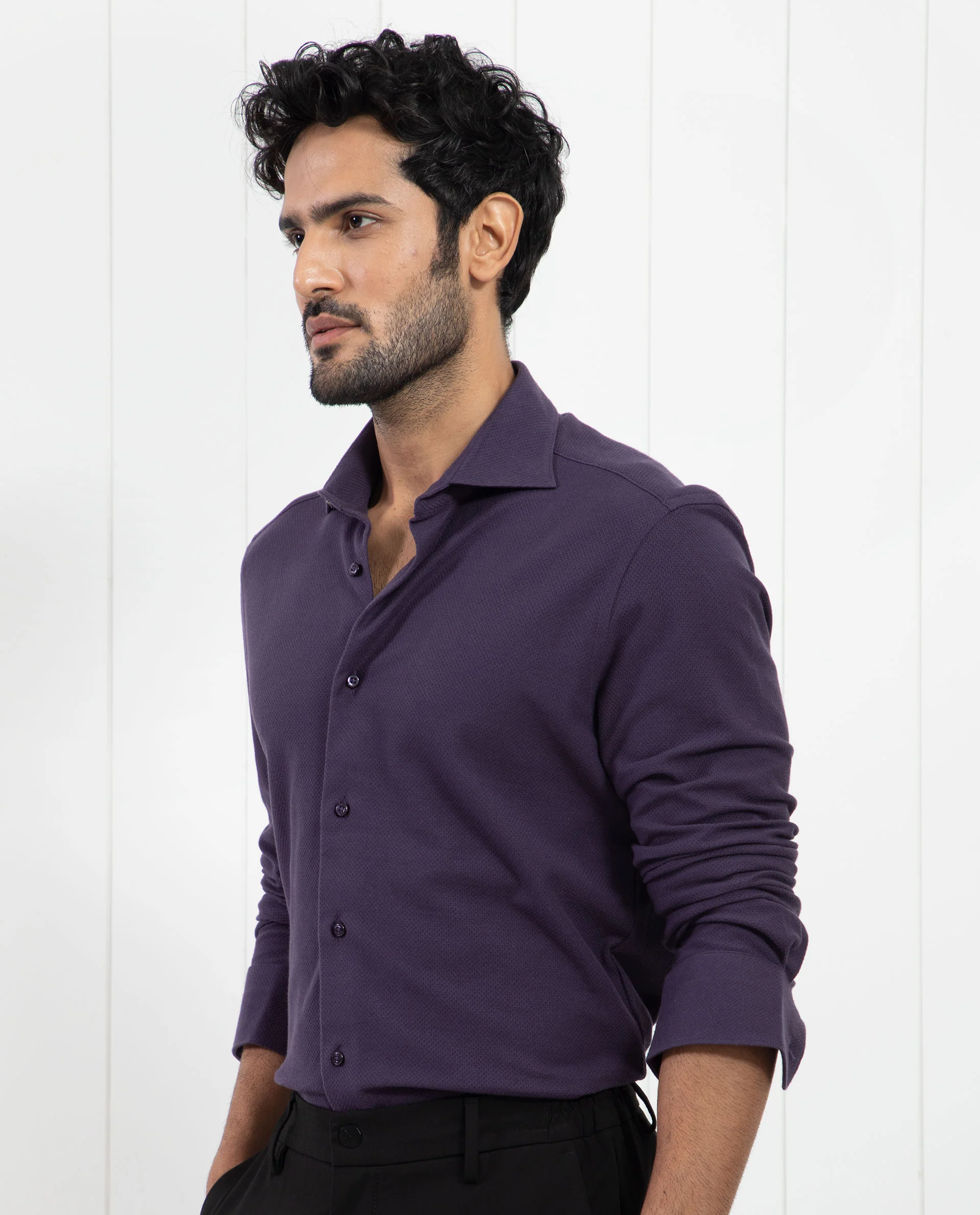 Rare Rabbit Men's Venziya Dark Purple Cotton Plain Regular Fit Full Sleeve Collared Shirt - Image 5