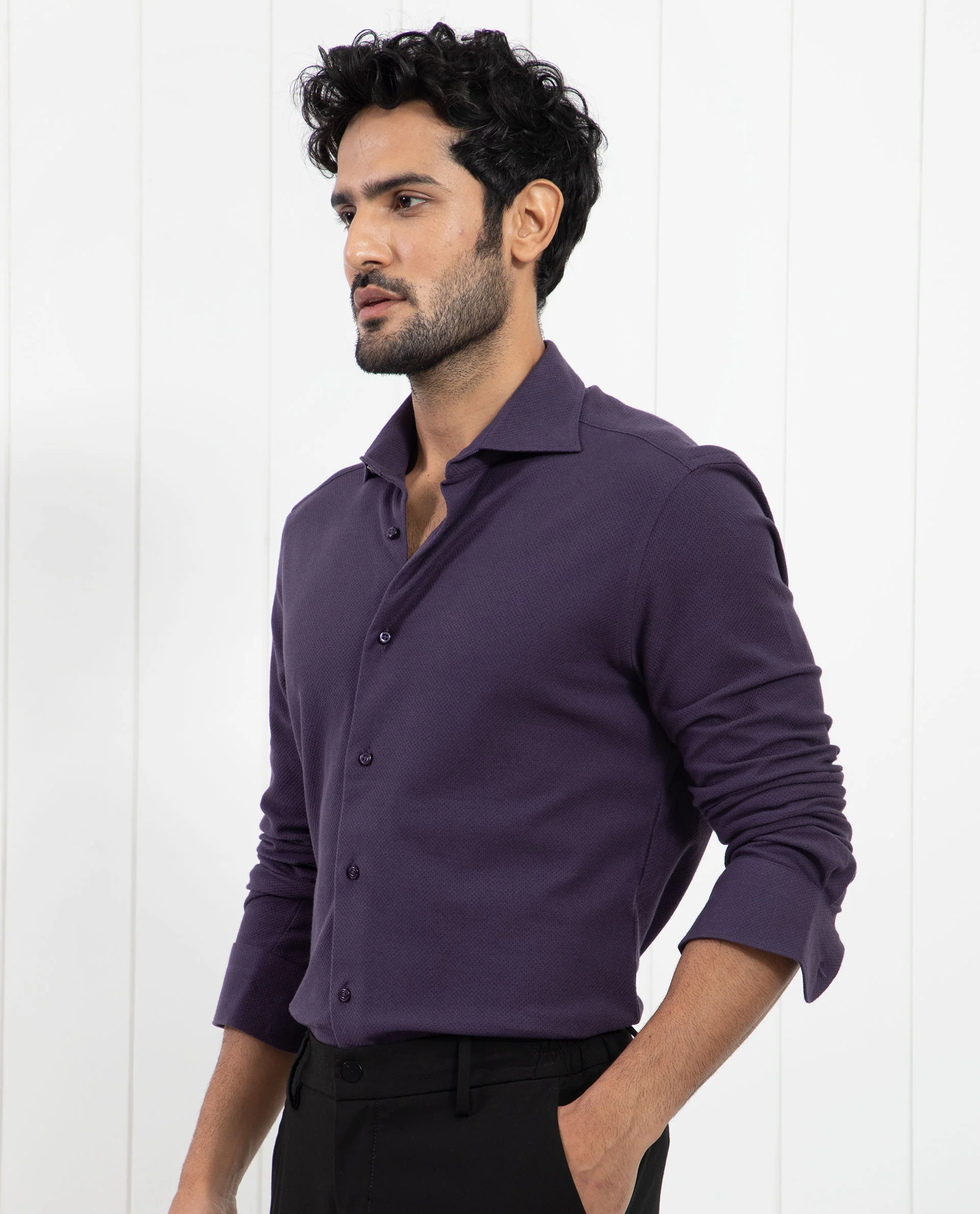 Rare Rabbit Men's Venziya Dark Purple Cotton Plain Regular Fit Full Sleeve Collared Shirt - Image 6
