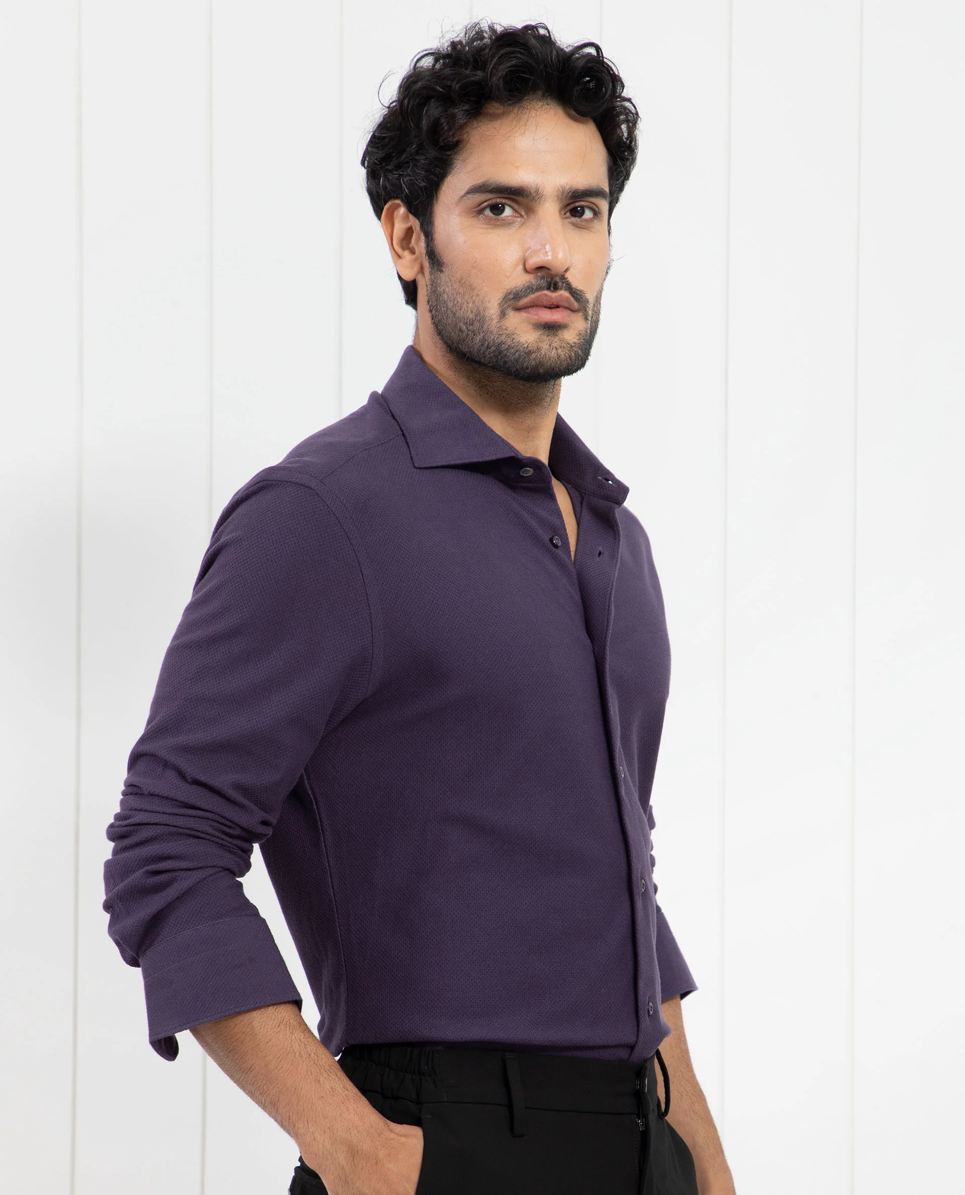 Rare Rabbit Men's Venziya Dark Purple Cotton Plain Regular Fit Full Sleeve Collared Shirt - Image 7