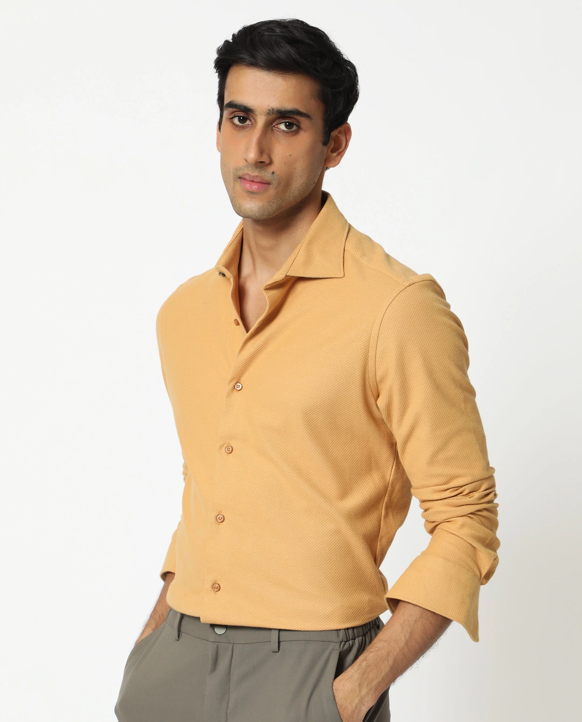 Rare Rabbit Men's Venziya Dark Yellow Cotton Plain Regular Fit Full Sleeve Collared Shirt - Image 2