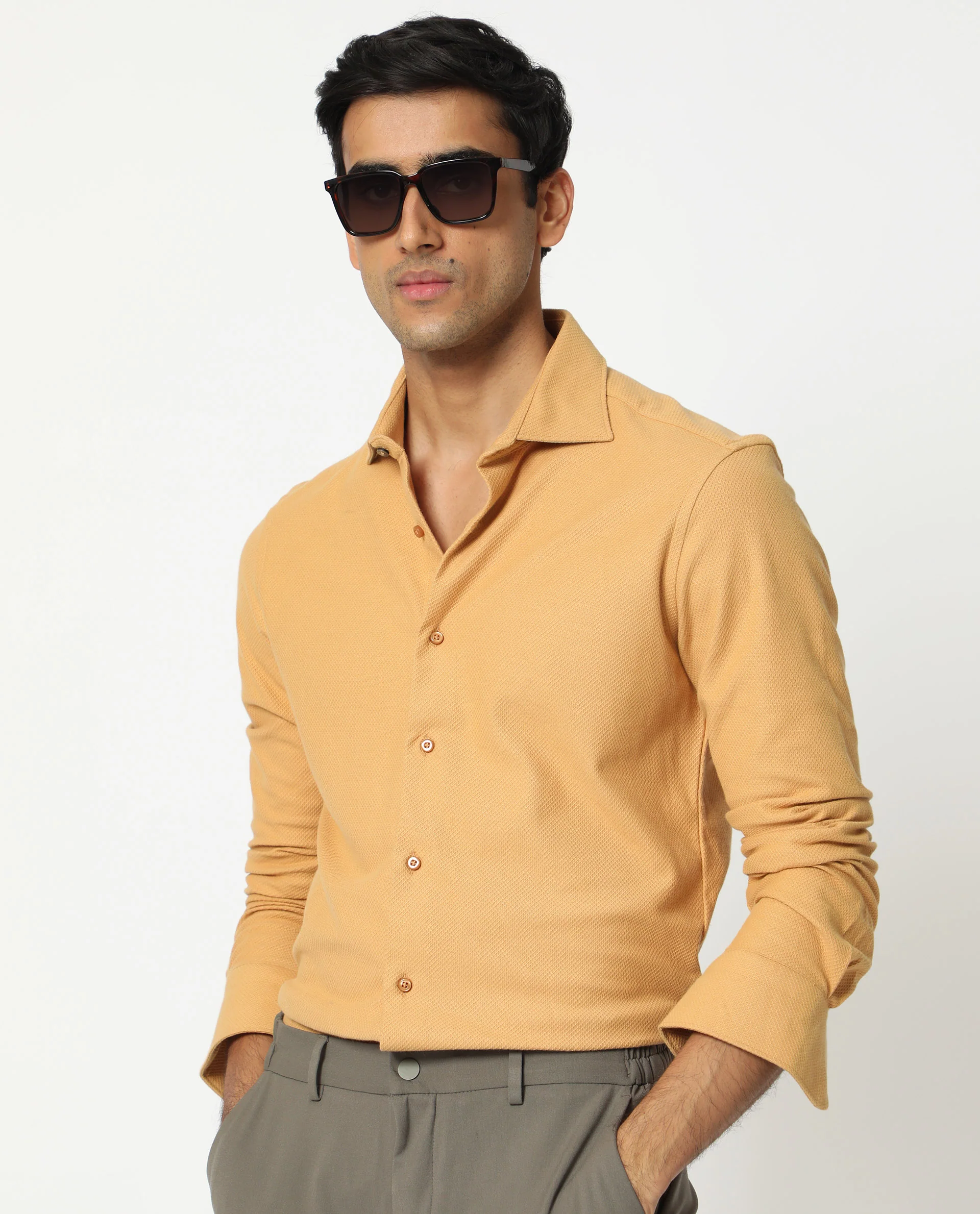 Rare Rabbit Men's Venziya Dark Yellow Cotton Plain Regular Fit Full Sleeve Collared Shirt - Image 3