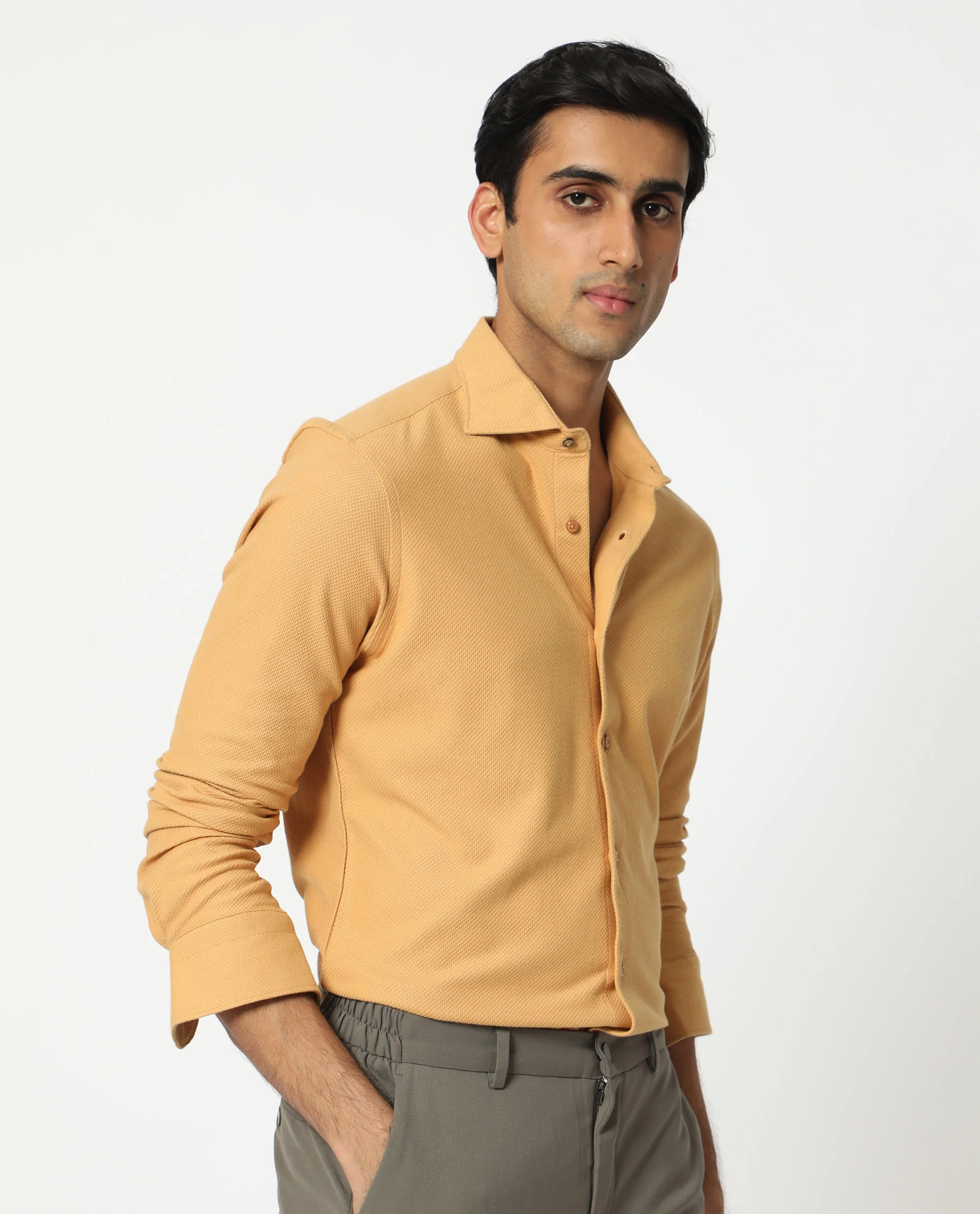 Rare Rabbit Men's Venziya Dark Yellow Cotton Plain Regular Fit Full Sleeve Collared Shirt - Image 5