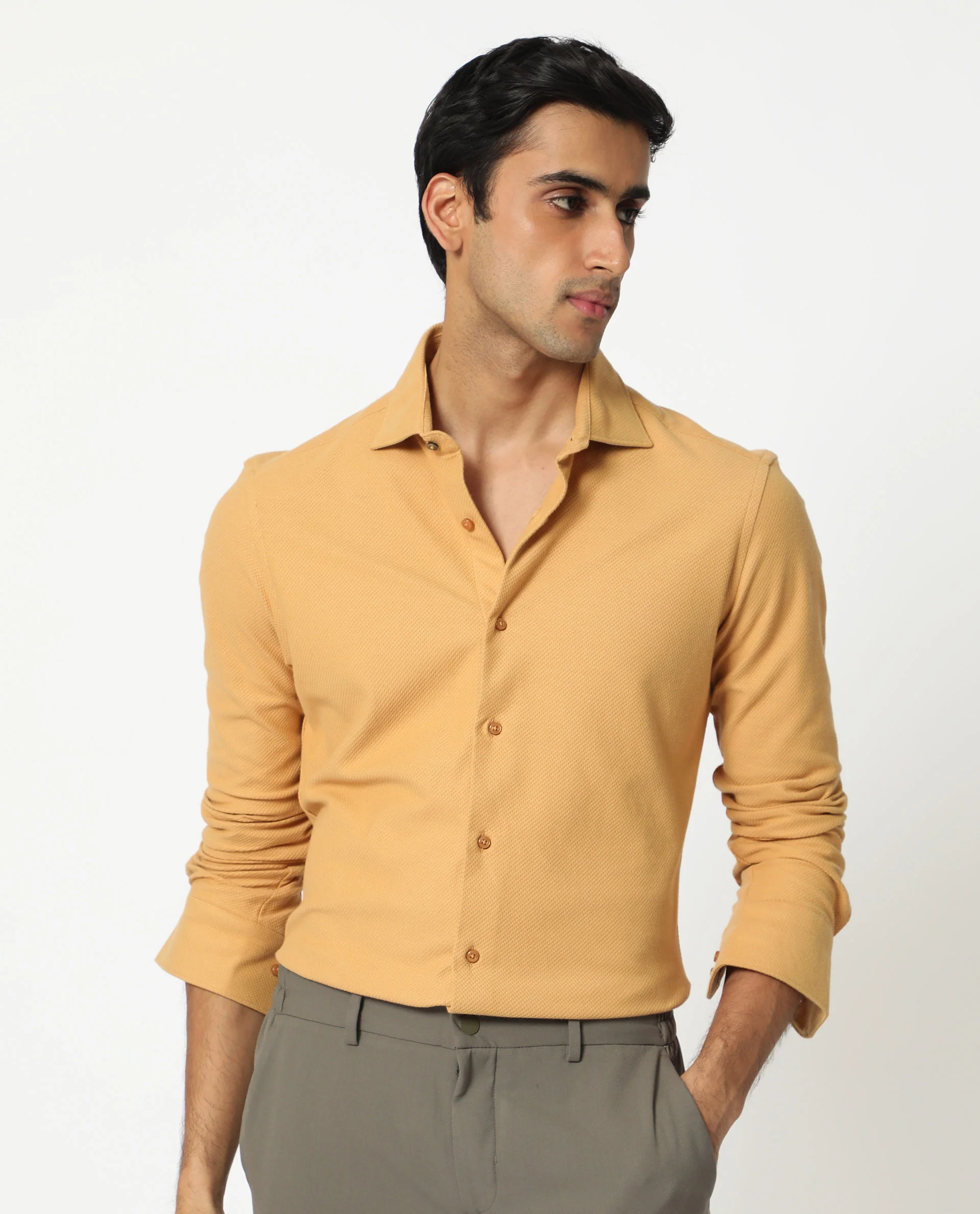 Rare Rabbit Men's Venziya Dark Yellow Cotton Plain Regular Fit Full Sleeve Collared Shirt - Image 7