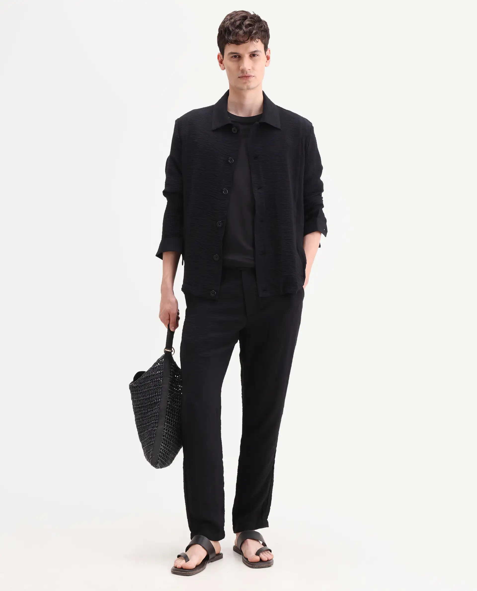Rare Rabbit Men's Veon-J Black Viscose Blend Fabric Full Sleeve Spread Collar Regular Fit Plain Shacket - Image 2