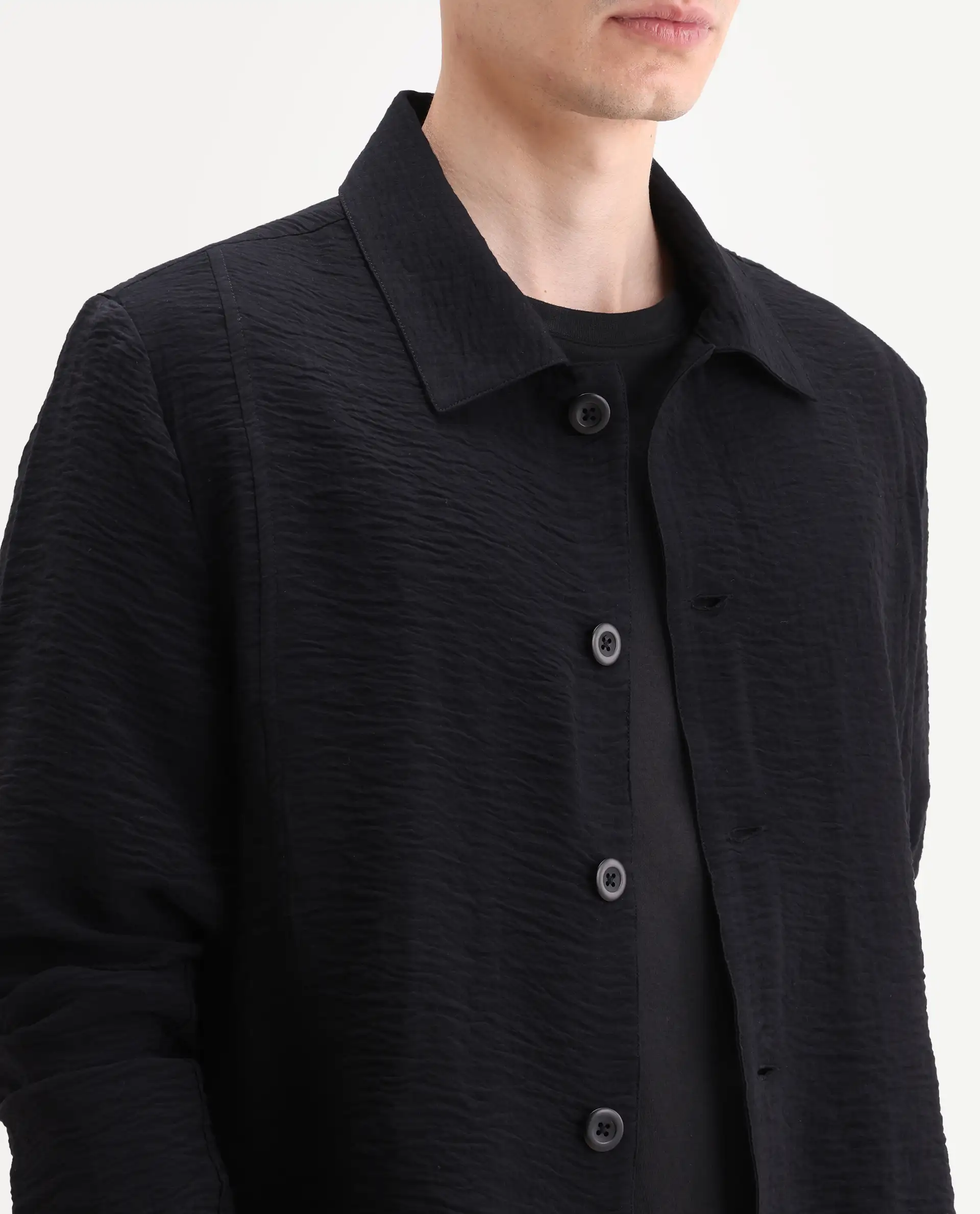 Rare Rabbit Men's Veon-J Black Viscose Blend Fabric Full Sleeve Spread Collar Regular Fit Plain Shacket - Image 3