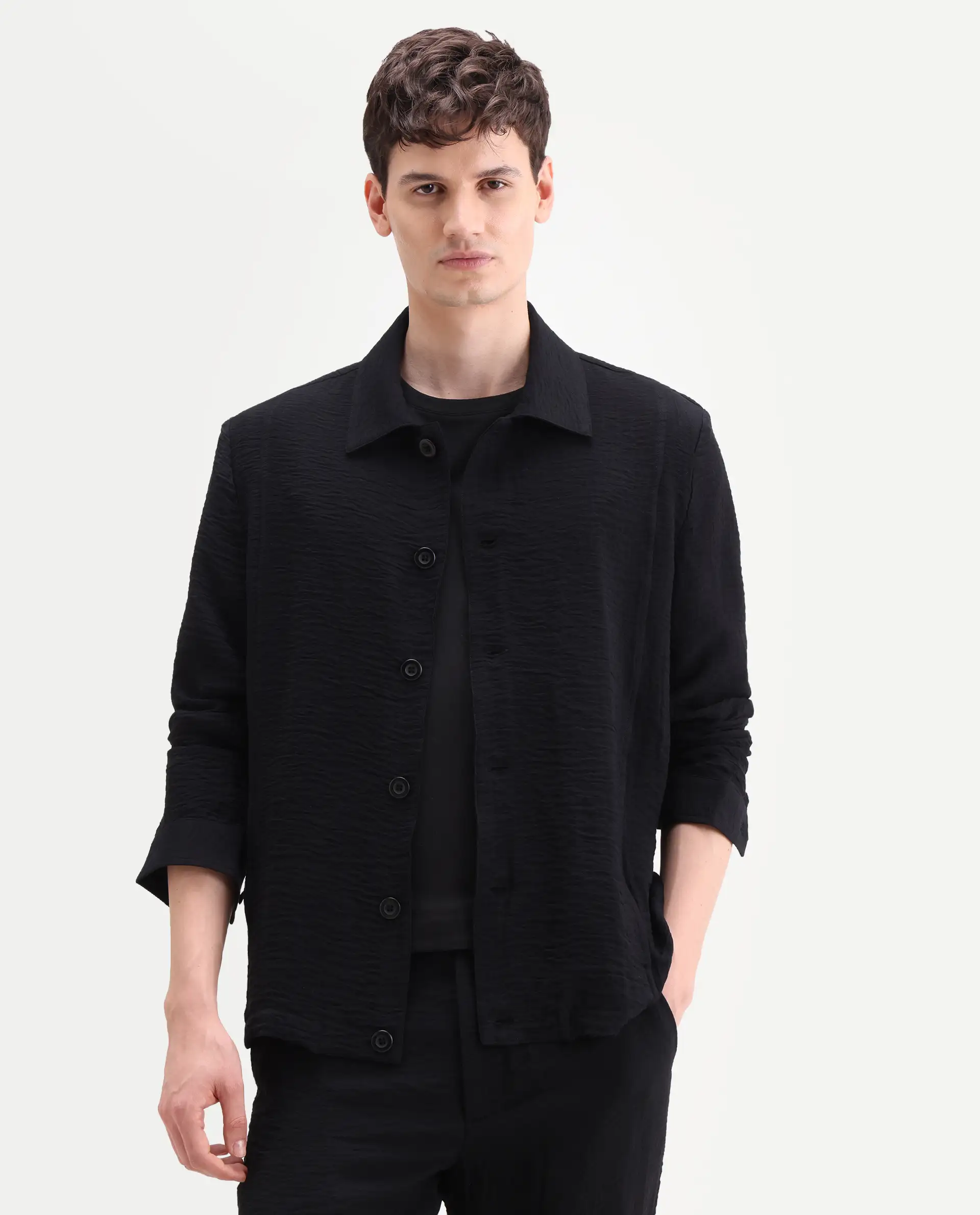 Rare Rabbit Men's Veon-J Black Viscose Blend Fabric Full Sleeve Spread Collar Regular Fit Plain Shacket - Image 4