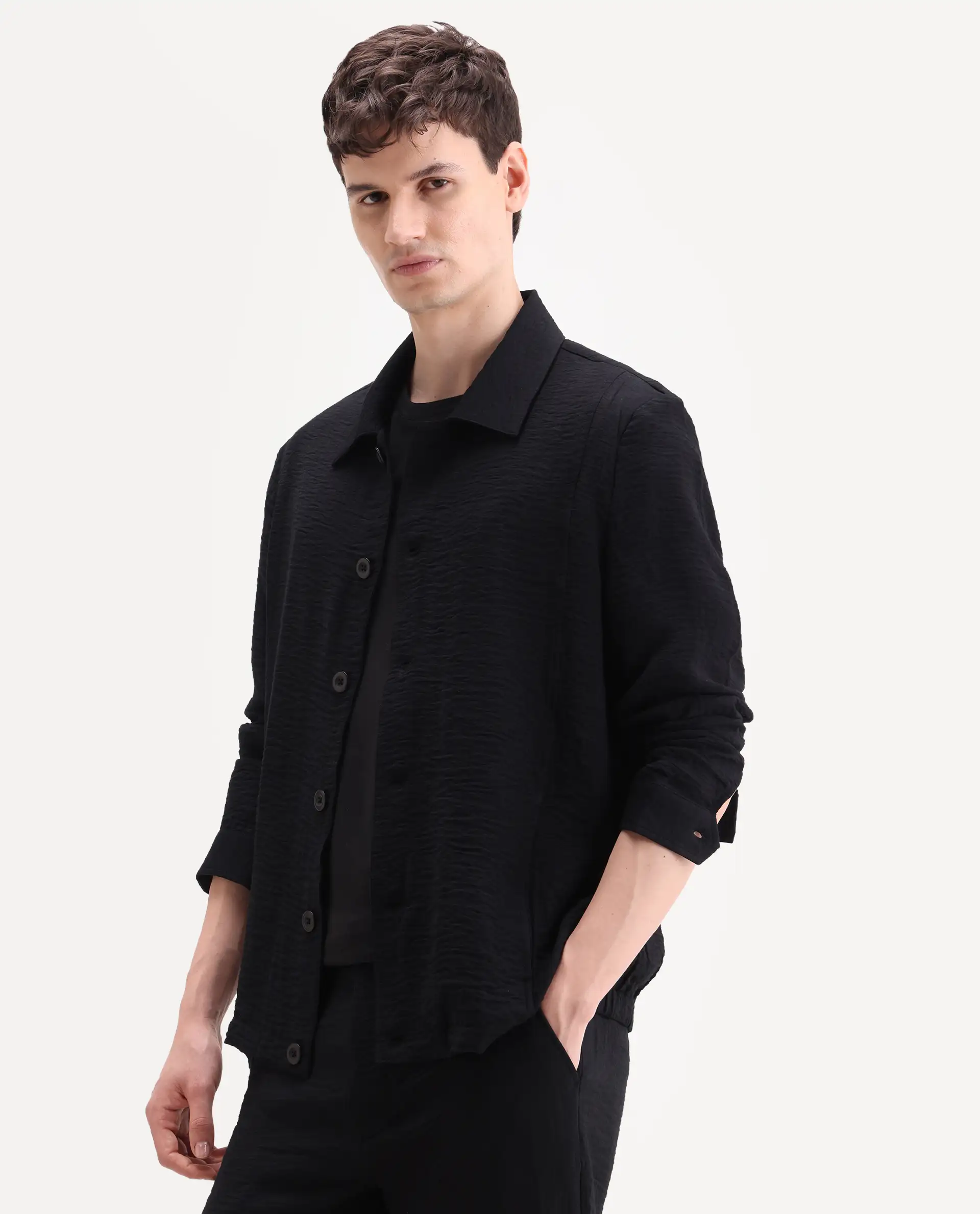 Rare Rabbit Men's Veon-J Black Viscose Blend Fabric Full Sleeve Spread Collar Regular Fit Plain Shacket - Image 5