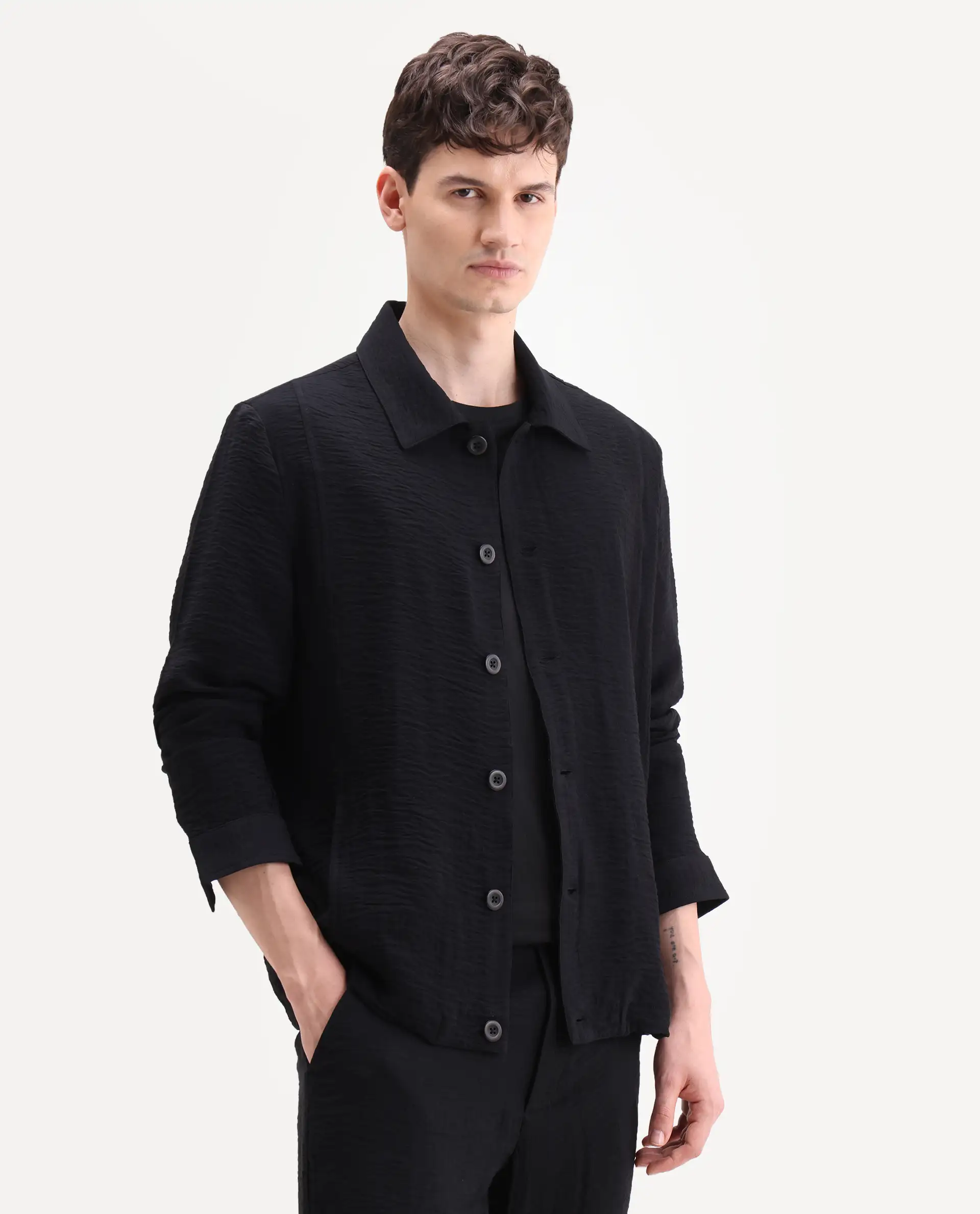 Rare Rabbit Men's Veon-J Black Viscose Blend Fabric Full Sleeve Spread Collar Regular Fit Plain Shacket - Image 6
