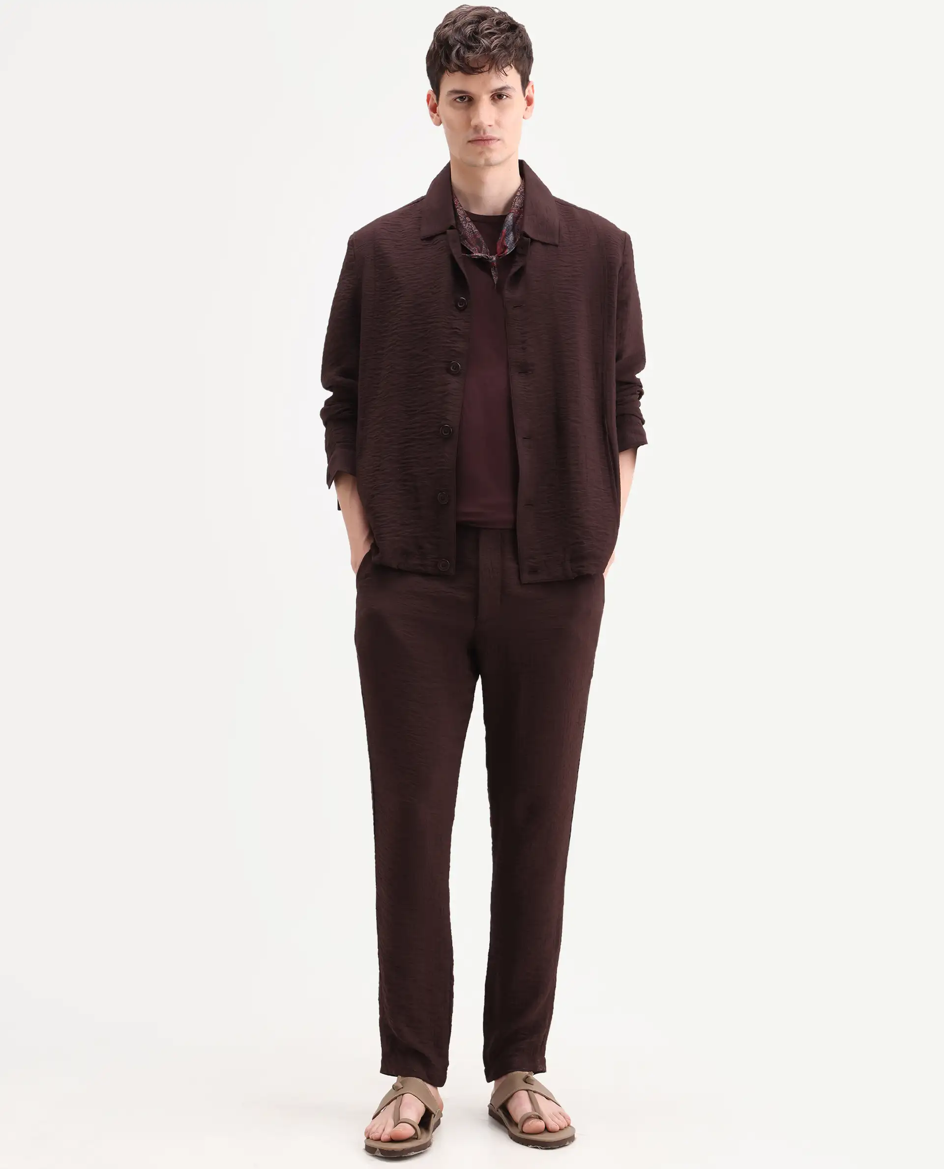 Rare Rabbit Men's Veon-J Dark Brown Viscose Blend Fabric Full Sleeve Spread Collar Regular Fit Plain Shacket - Image 2