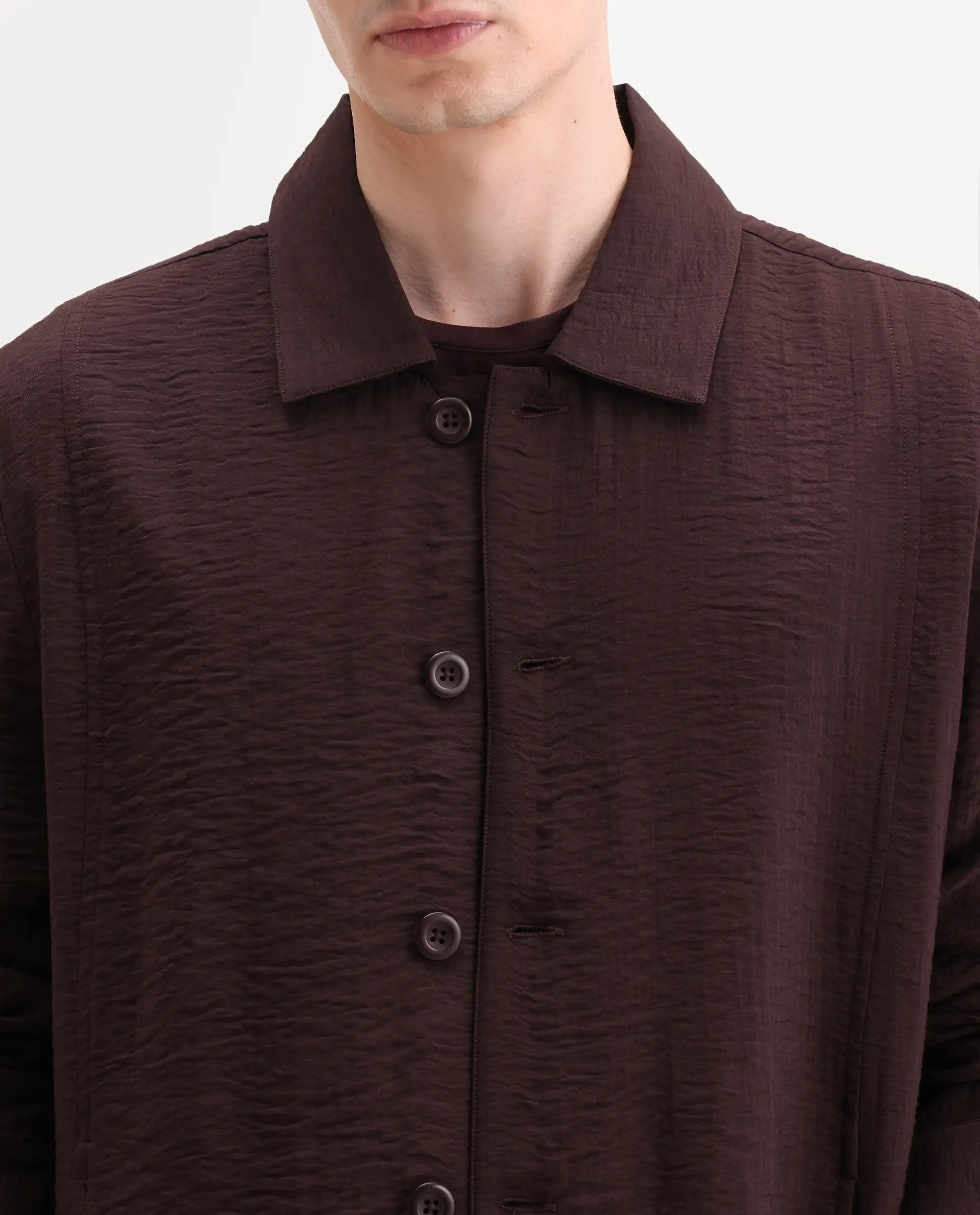 Rare Rabbit Men's Veon-J Dark Brown Viscose Blend Fabric Full Sleeve Spread Collar Regular Fit Plain Shacket - Image 3