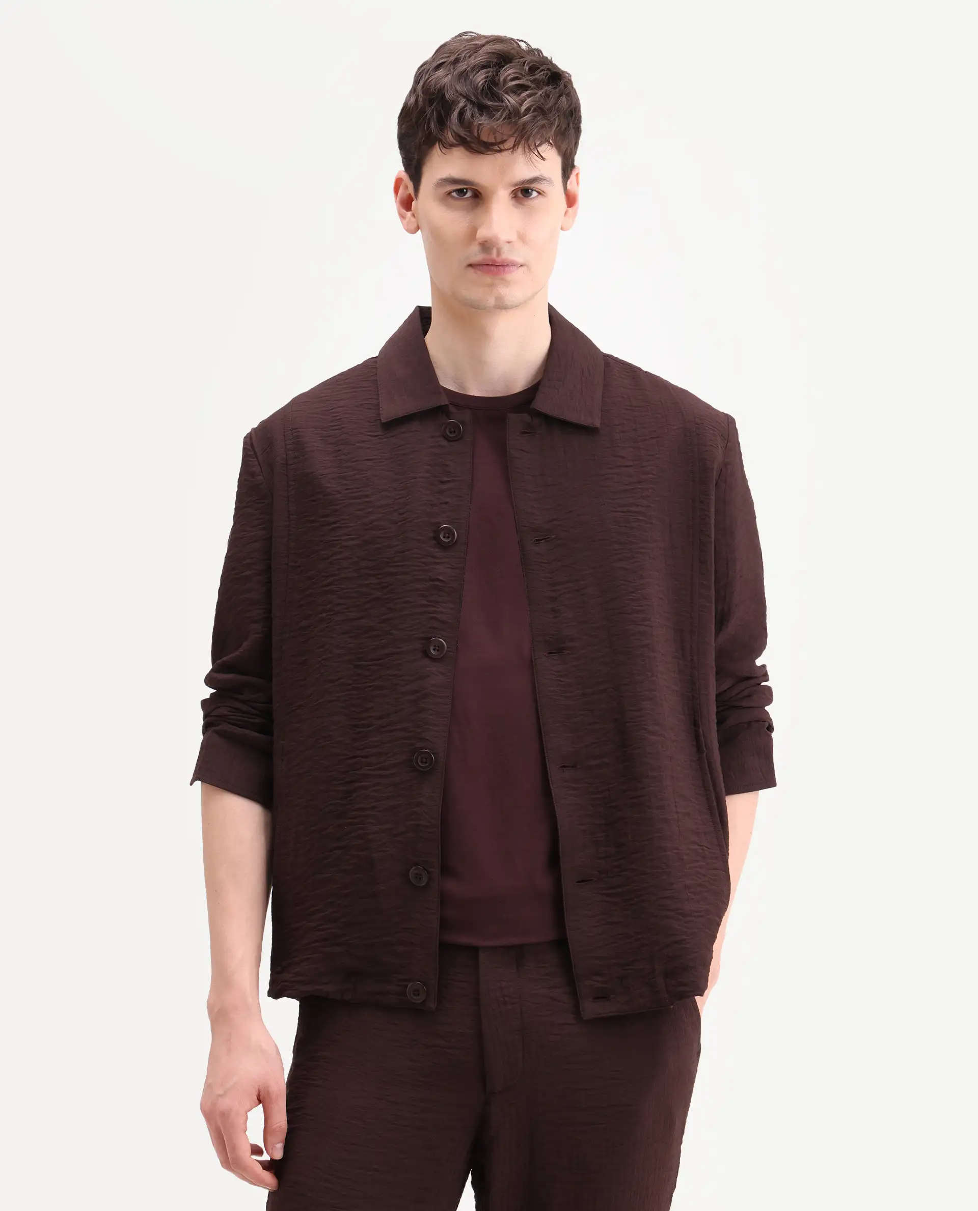 Rare Rabbit Men's Veon-J Dark Brown Viscose Blend Fabric Full Sleeve Spread Collar Regular Fit Plain Shacket - Image 4