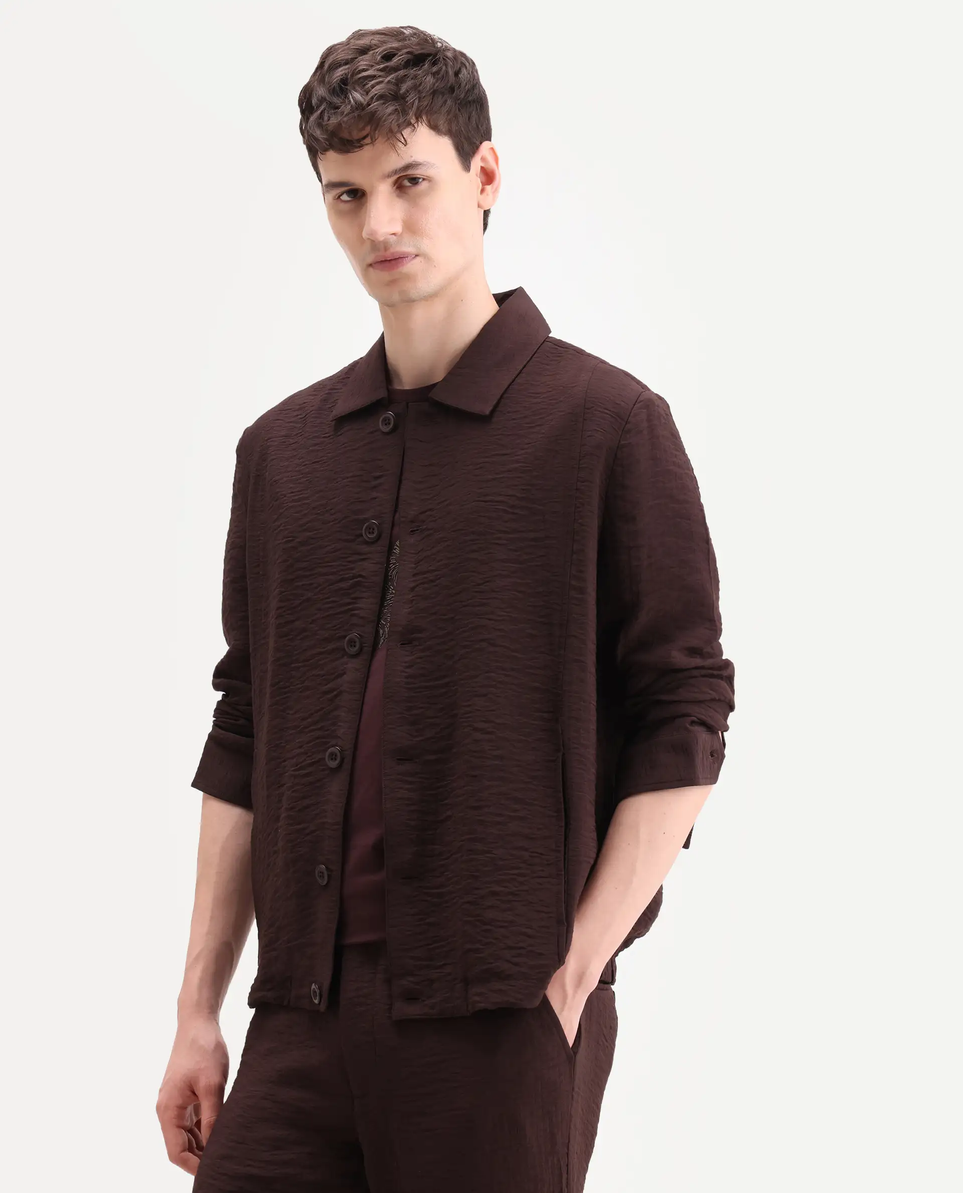 Rare Rabbit Men's Veon-J Dark Brown Viscose Blend Fabric Full Sleeve Spread Collar Regular Fit Plain Shacket - Image 5