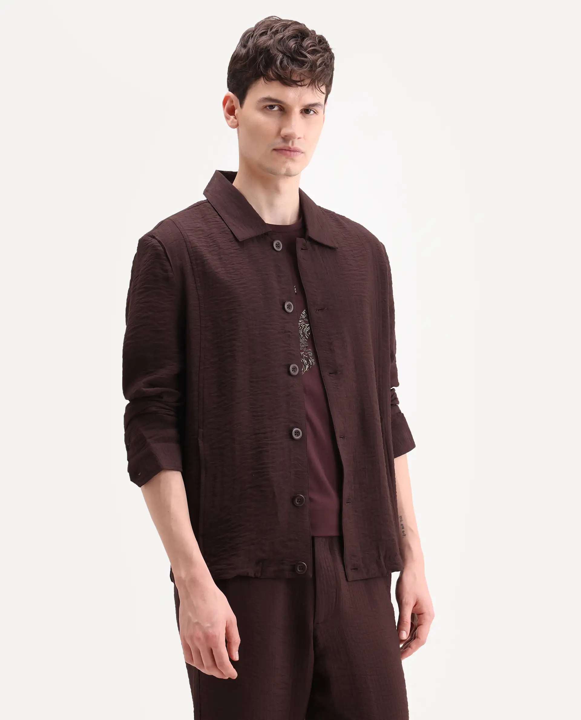 Rare Rabbit Men's Veon-J Dark Brown Viscose Blend Fabric Full Sleeve Spread Collar Regular Fit Plain Shacket - Image 6