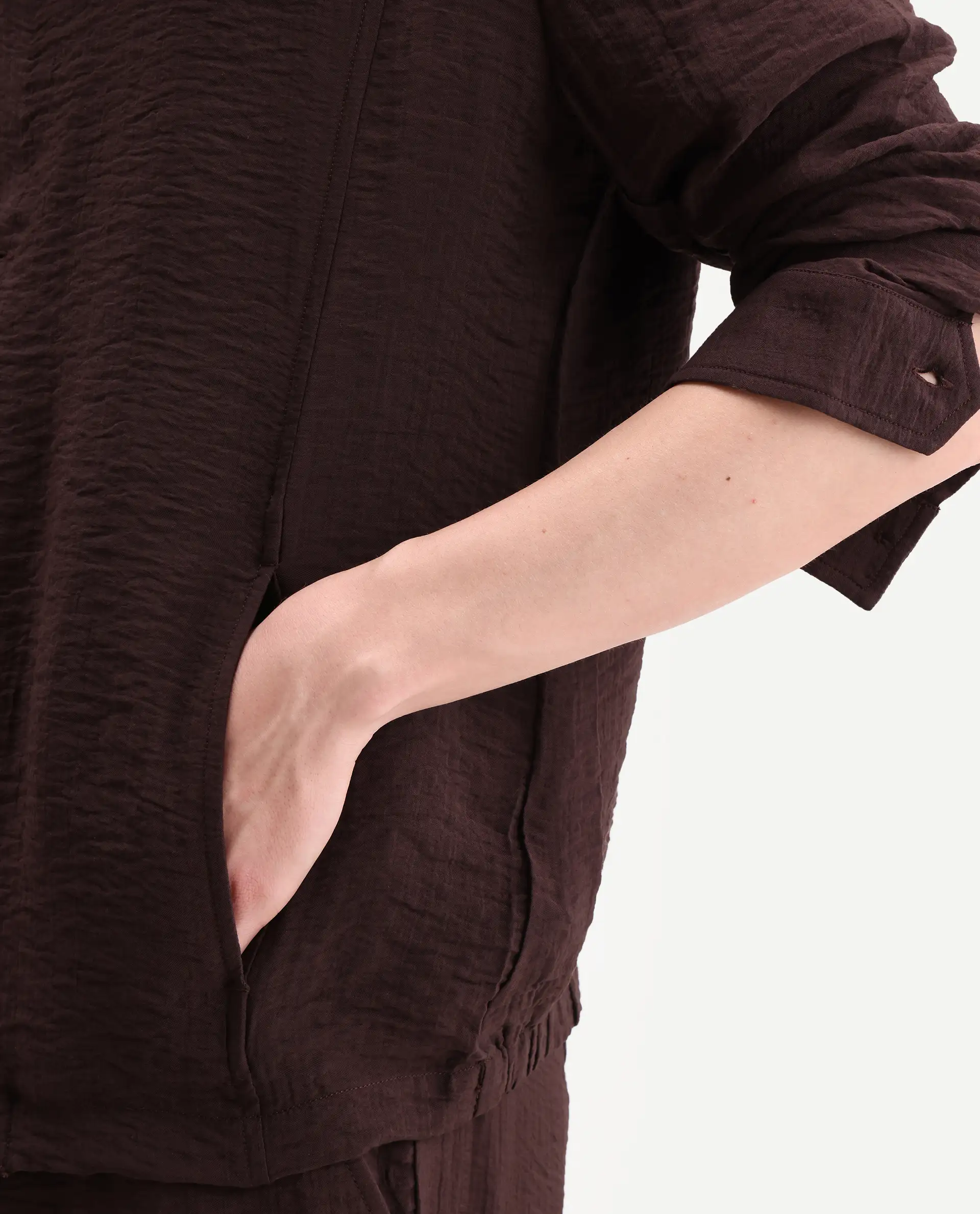 Rare Rabbit Men's Veon-J Dark Brown Viscose Blend Fabric Full Sleeve Spread Collar Regular Fit Plain Shacket - Image 7