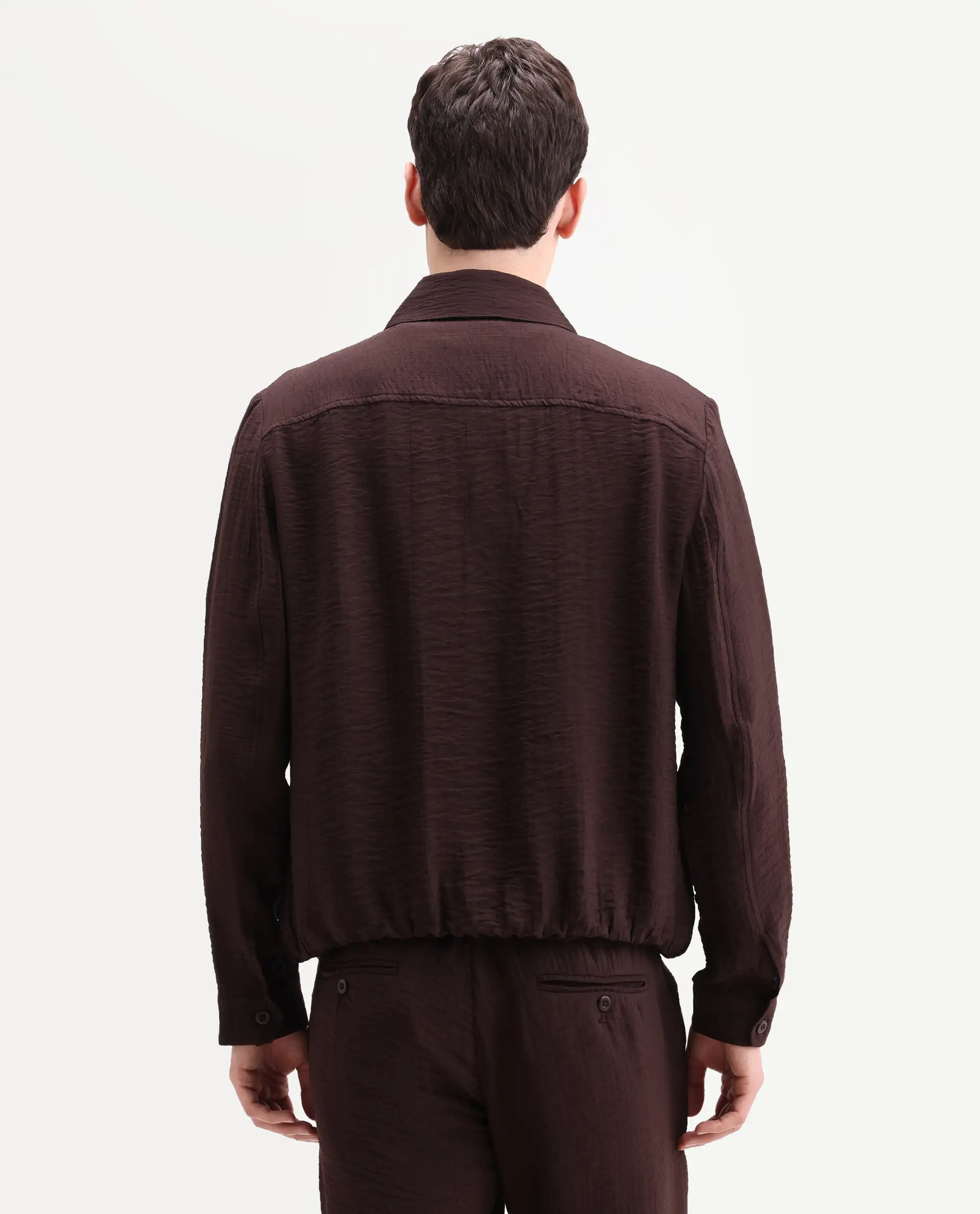Rare Rabbit Men's Veon-J Dark Brown Viscose Blend Fabric Full Sleeve Spread Collar Regular Fit Plain Shacket - Image 8