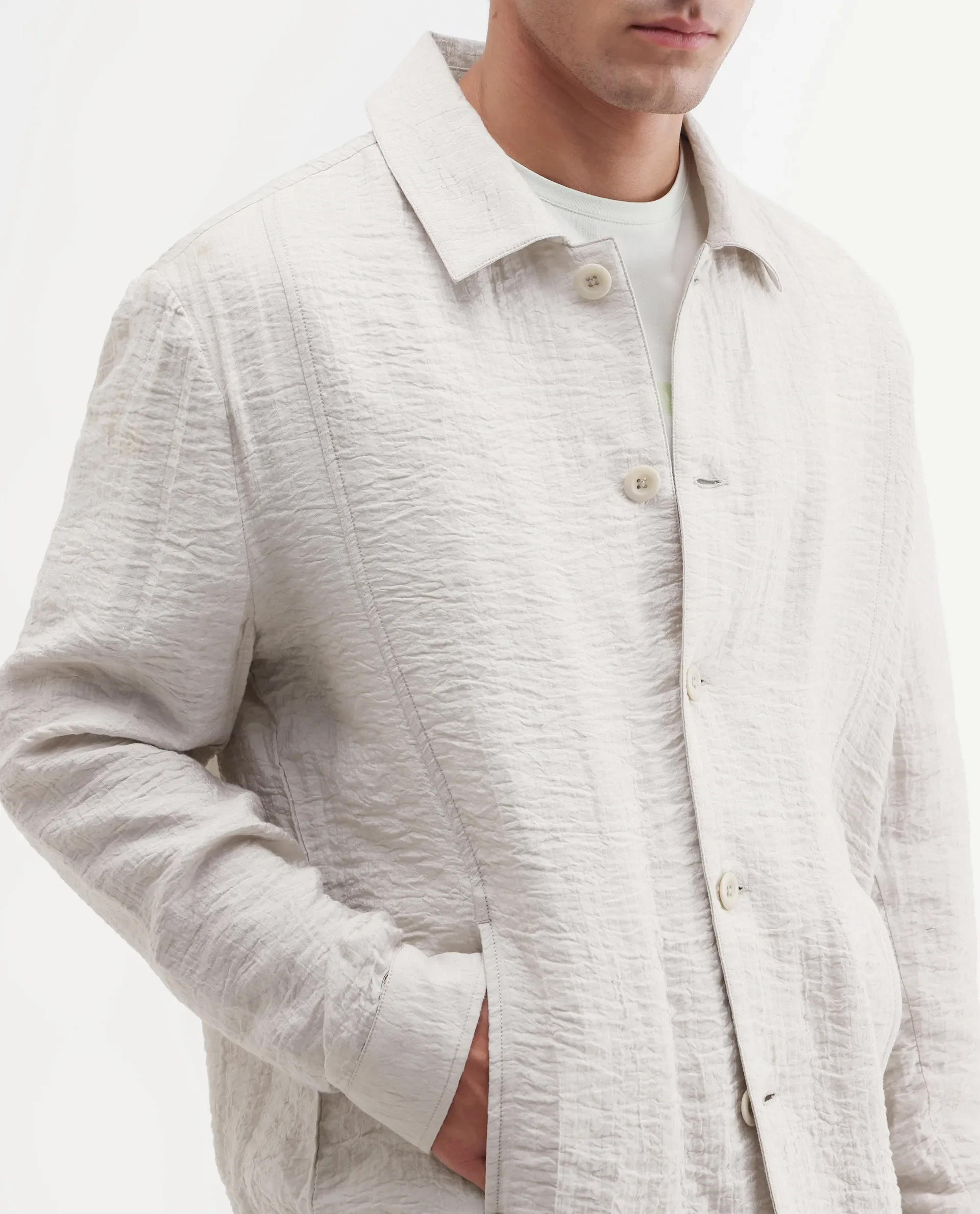 Rare Rabbit Men's Veon -J Off White Viscose Blend Fabric Full Sleeve Spread Collar Regular Fit Plain Shacket - Image 3