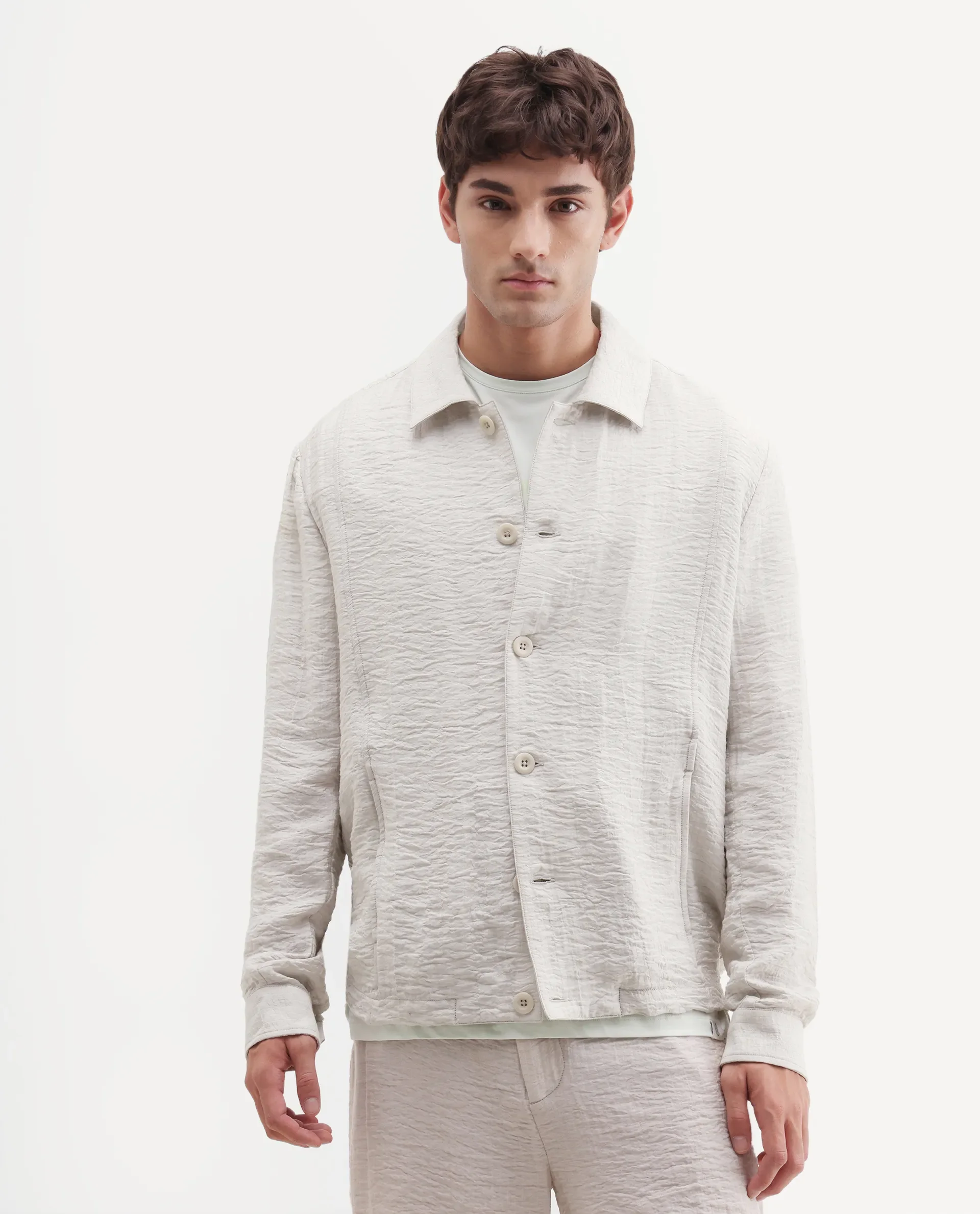 Rare Rabbit Men's Veon -J Off White Viscose Blend Fabric Full Sleeve Spread Collar Regular Fit Plain Shacket - Image 4