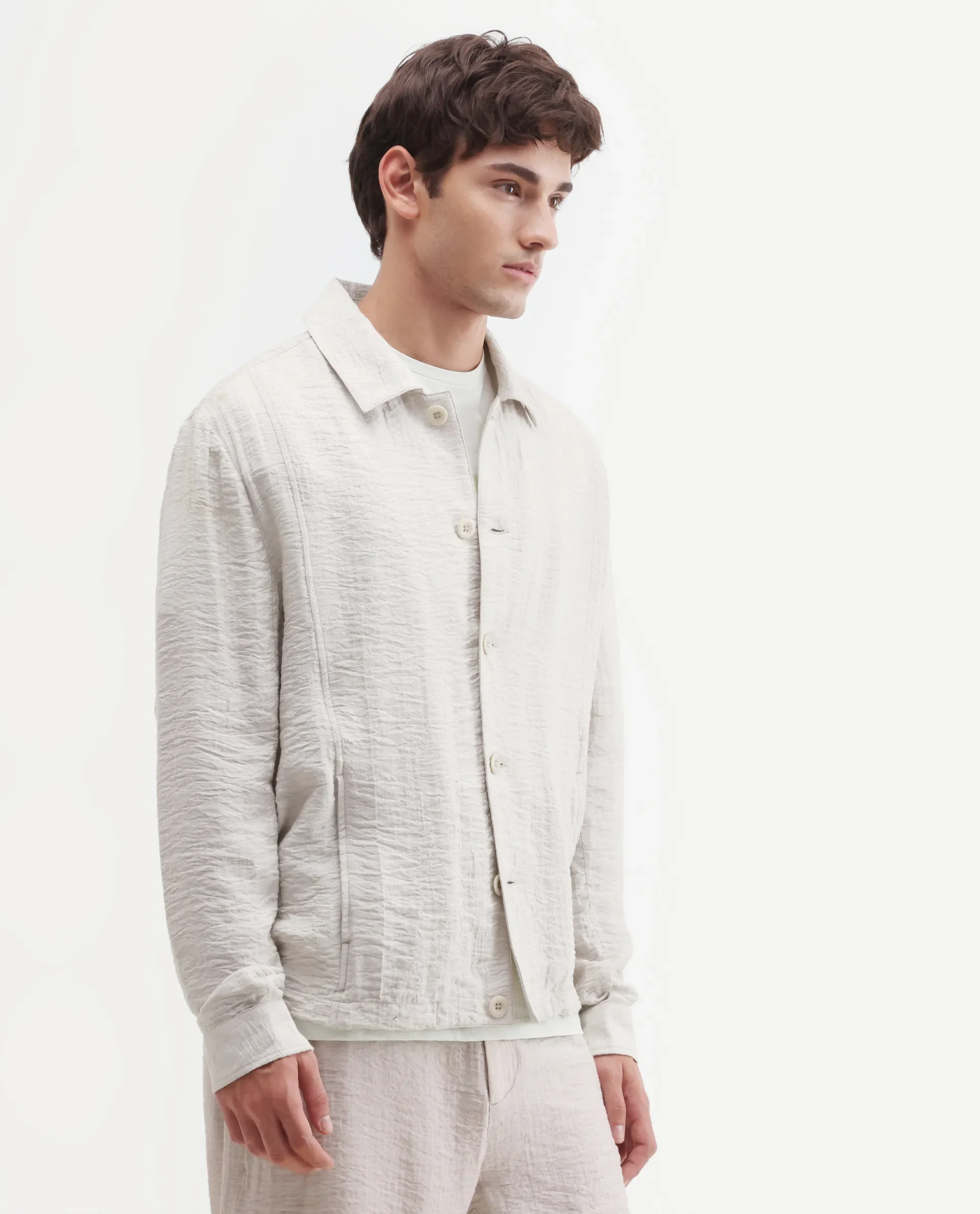Rare Rabbit Men's Veon -J Off White Viscose Blend Fabric Full Sleeve Spread Collar Regular Fit Plain Shacket - Image 5