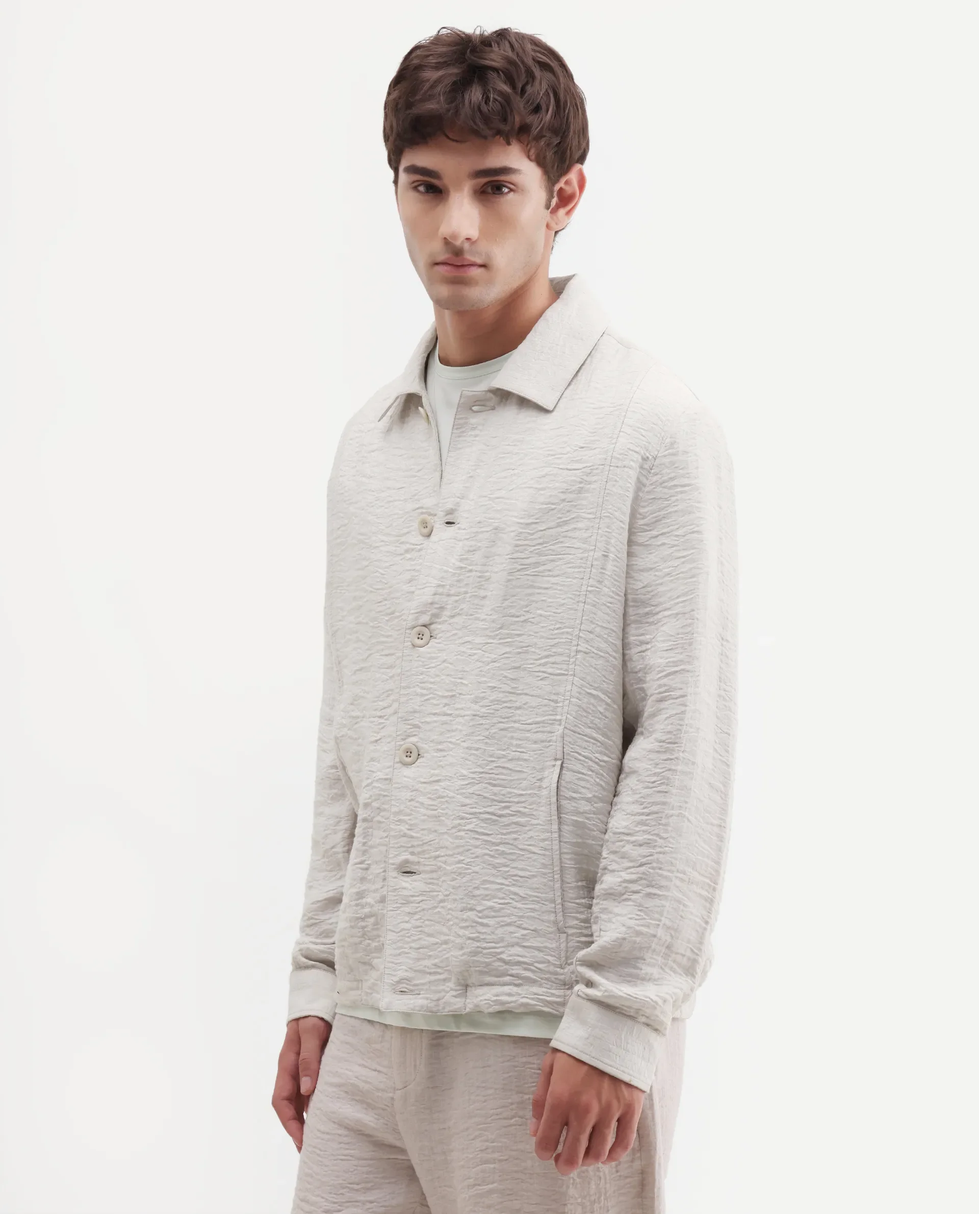 Rare Rabbit Men's Veon -J Off White Viscose Blend Fabric Full Sleeve Spread Collar Regular Fit Plain Shacket - Image 6
