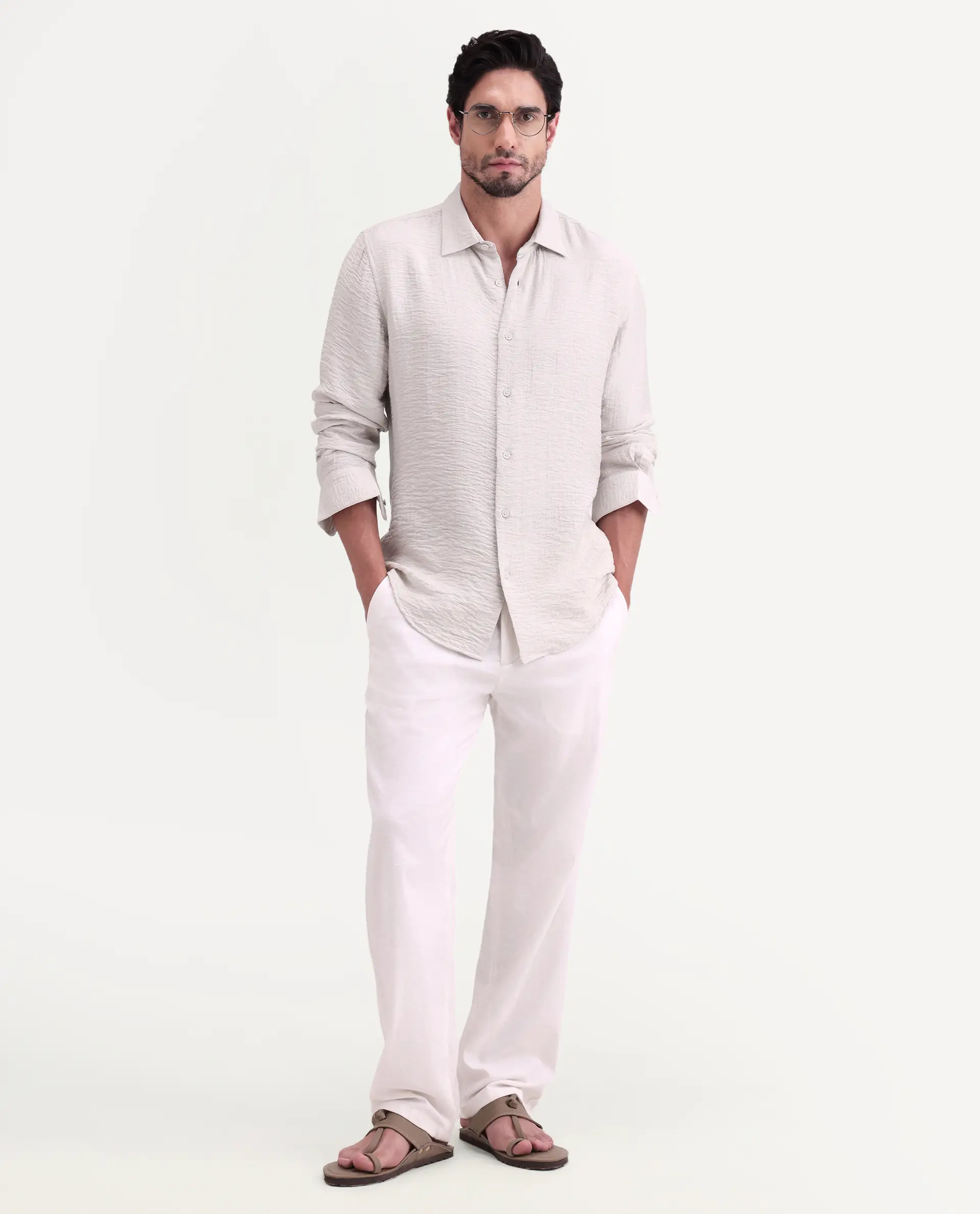 Rare Rabbit Men's Veon-Ls Off White Viscose Blend Fabric Full Sleeve Spread Collar Regular Fit Plain Shirt - Image 2