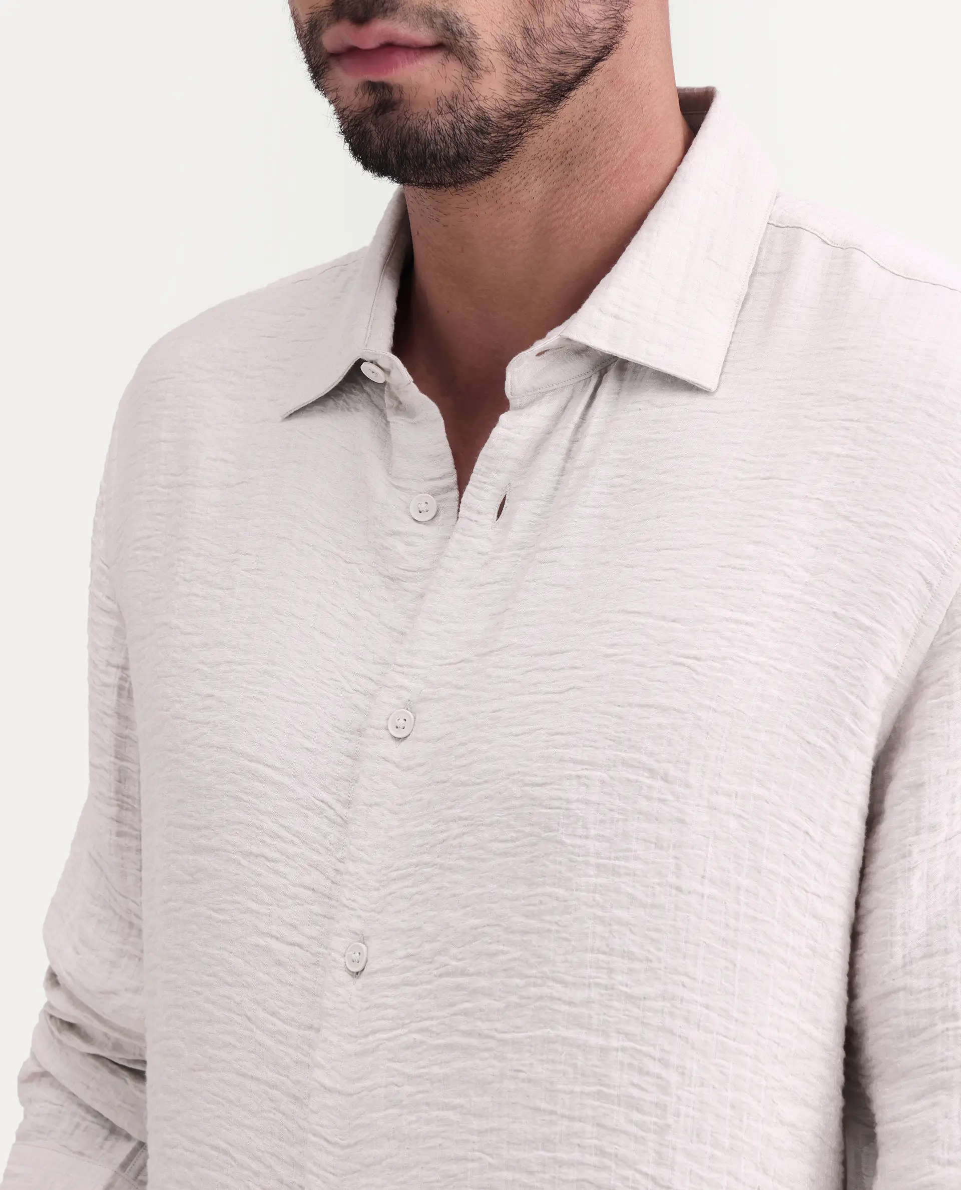 Rare Rabbit Men's Veon-Ls Off White Viscose Blend Fabric Full Sleeve Spread Collar Regular Fit Plain Shirt - Image 3