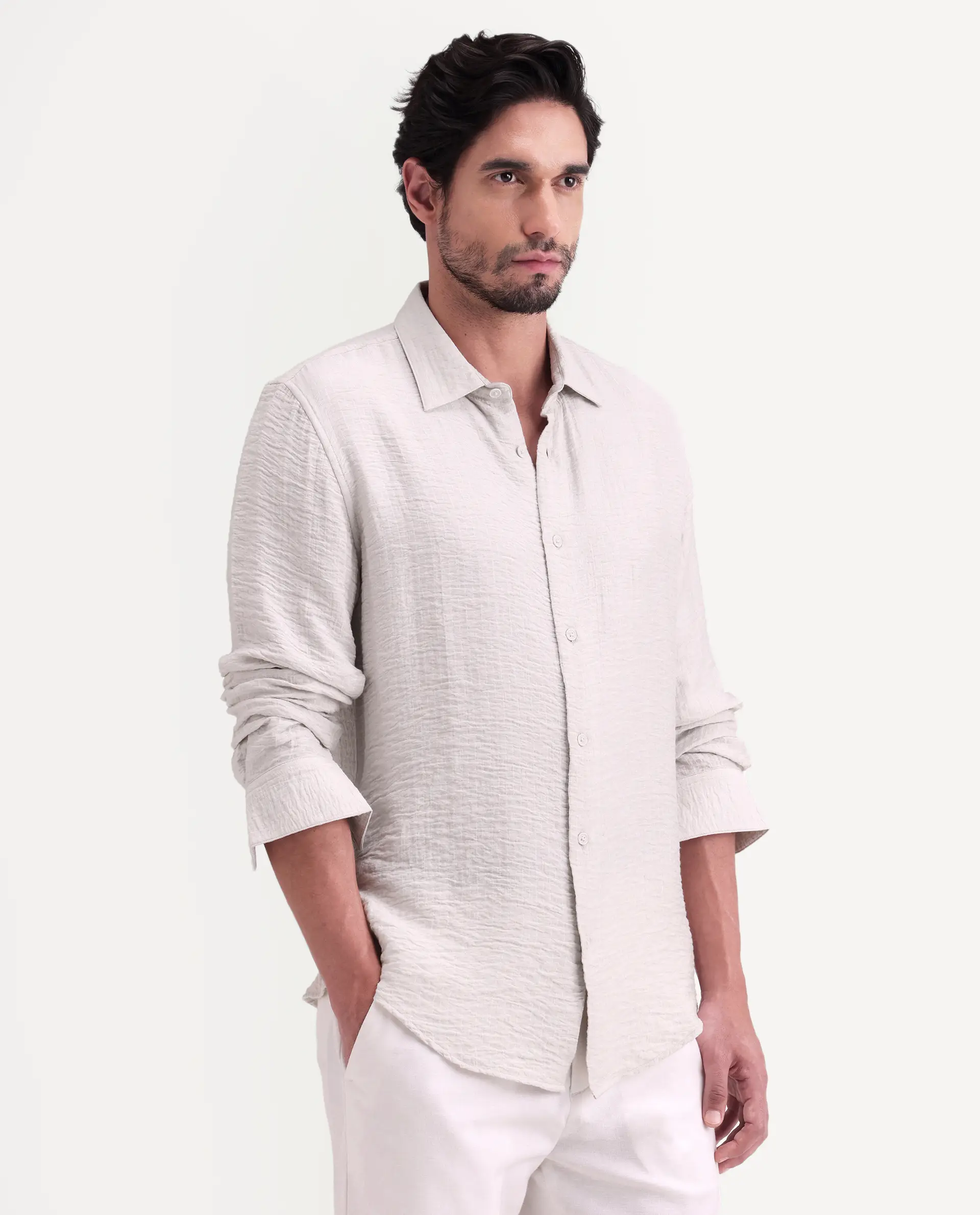 Rare Rabbit Men's Veon-Ls Off White Viscose Blend Fabric Full Sleeve Spread Collar Regular Fit Plain Shirt - Image 4