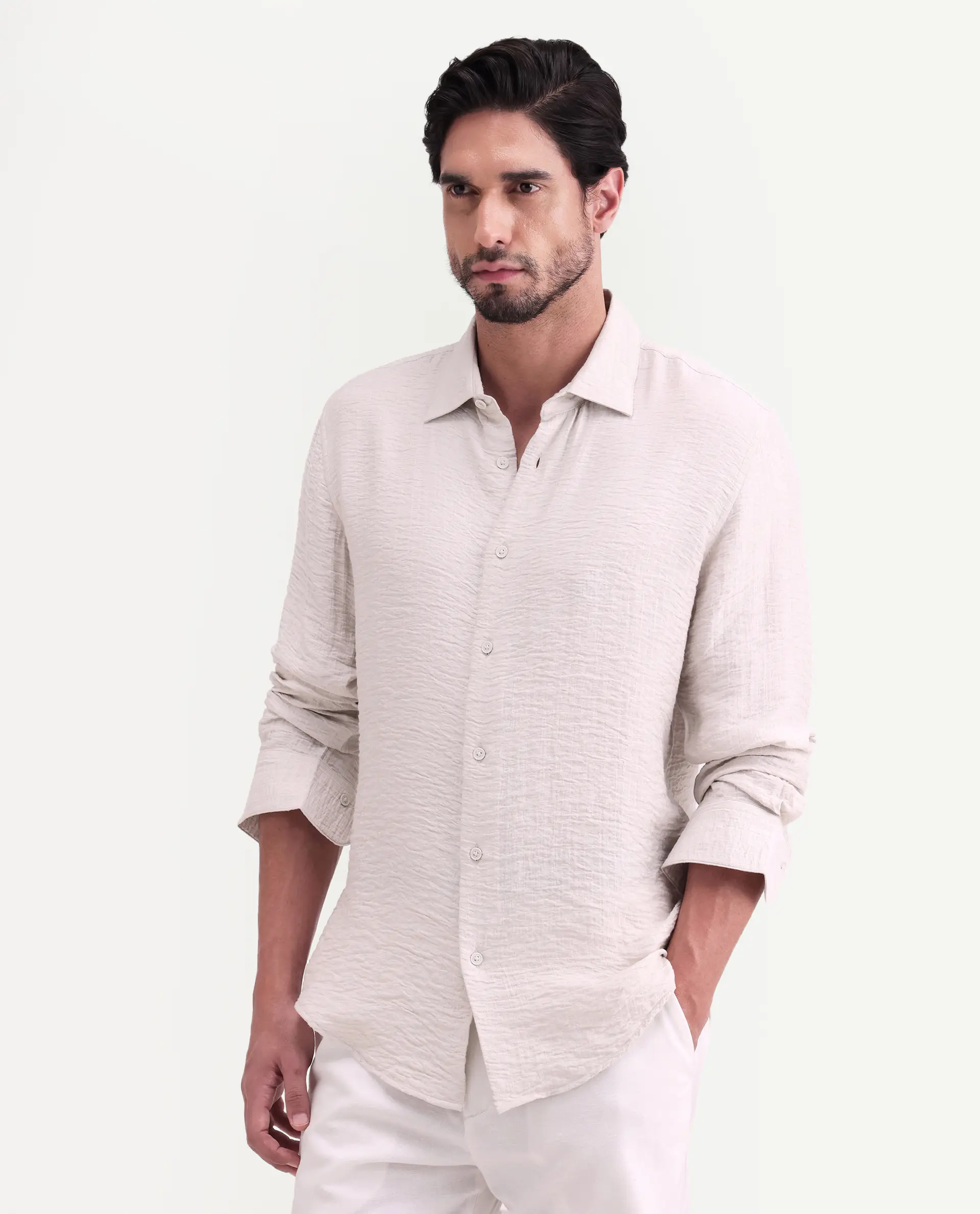 Rare Rabbit Men's Veon-Ls Off White Viscose Blend Fabric Full Sleeve Spread Collar Regular Fit Plain Shirt - Image 5