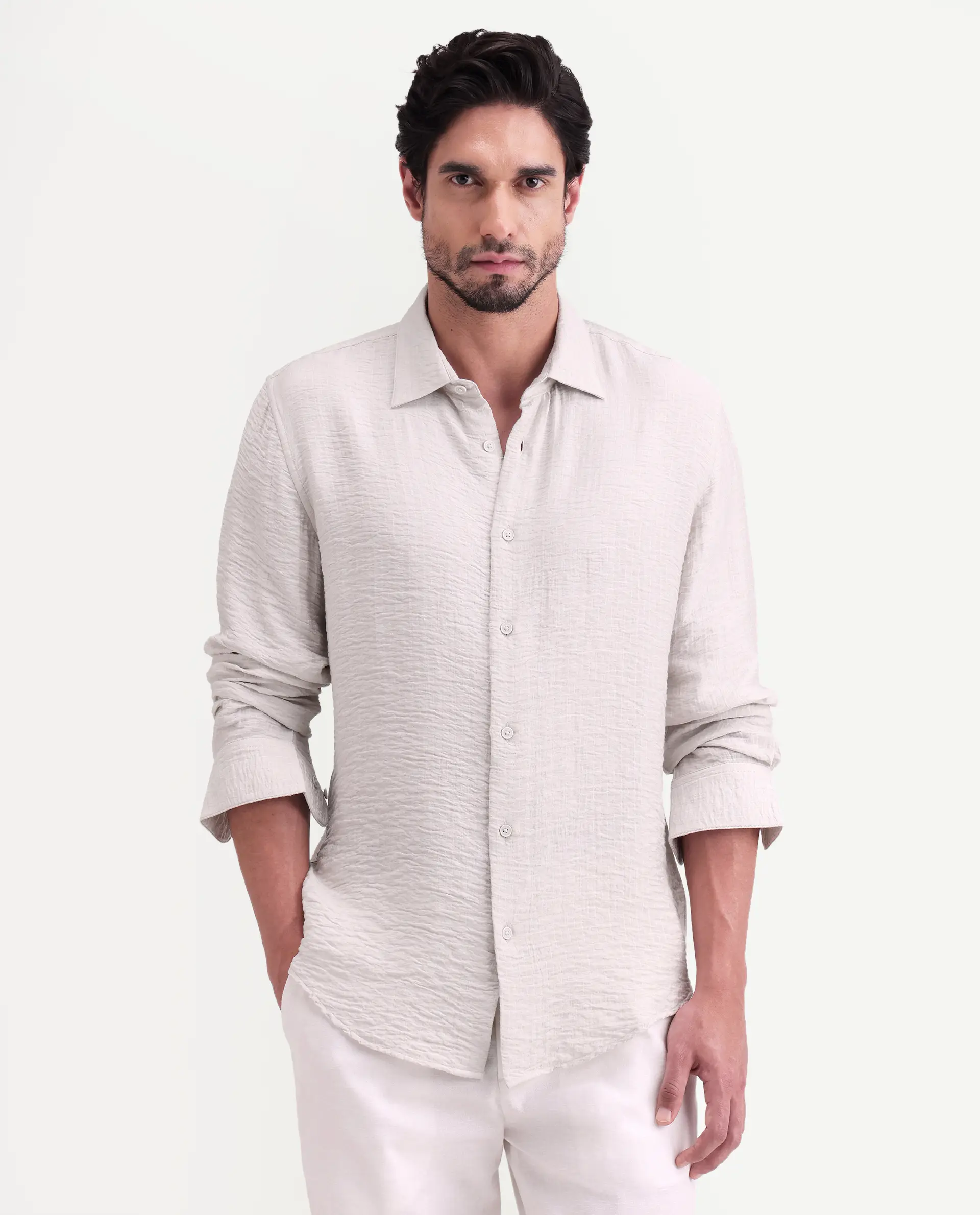 Rare Rabbit Men's Veon-Ls Off White Viscose Blend Fabric Full Sleeve Spread Collar Regular Fit Plain Shirt - Image 6