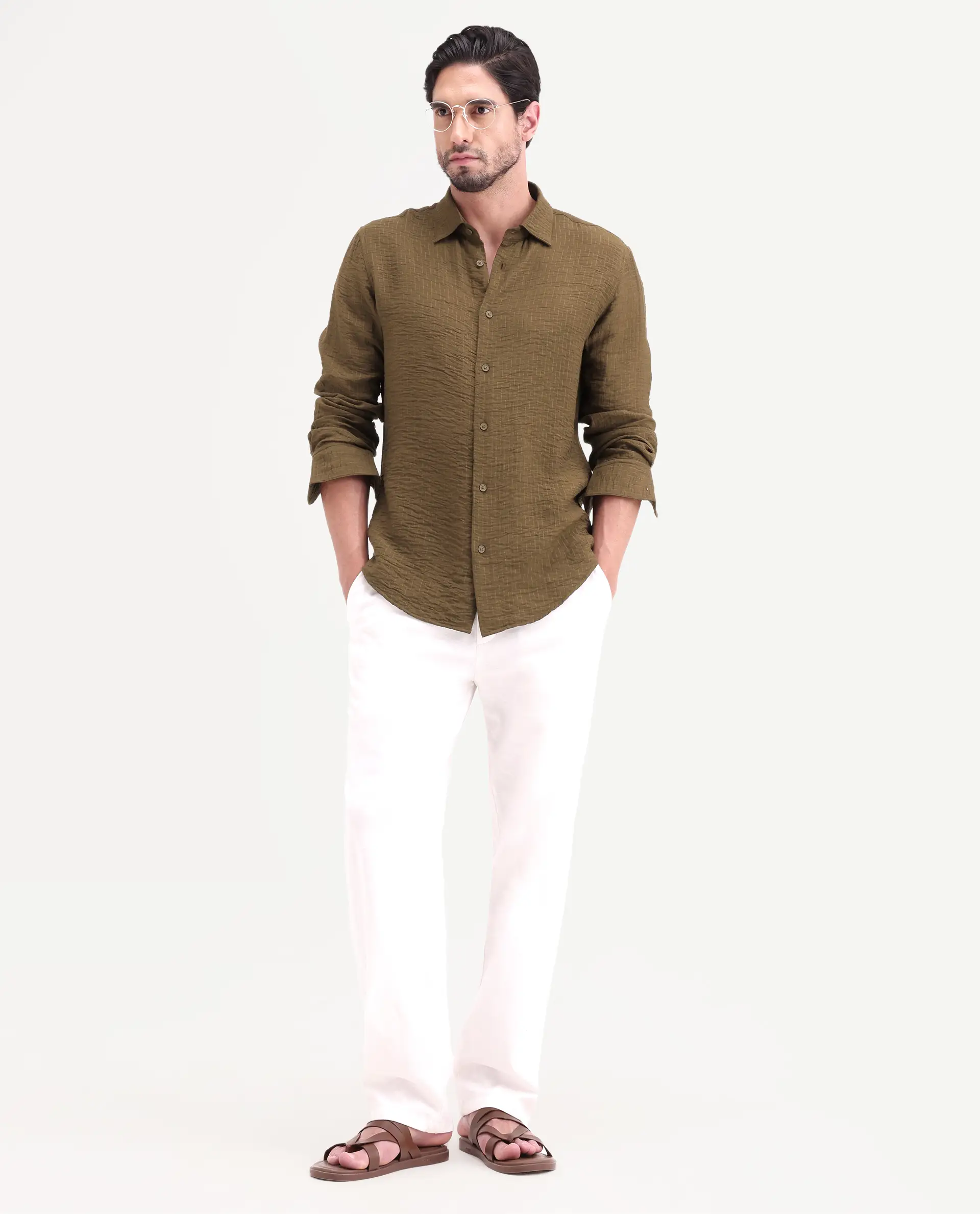 Rare Rabbit Men's Veon-Ls Olive Viscose Blend Fabric Full Sleeve Spread Collar Regular Fit Plain Shirt - Image 2