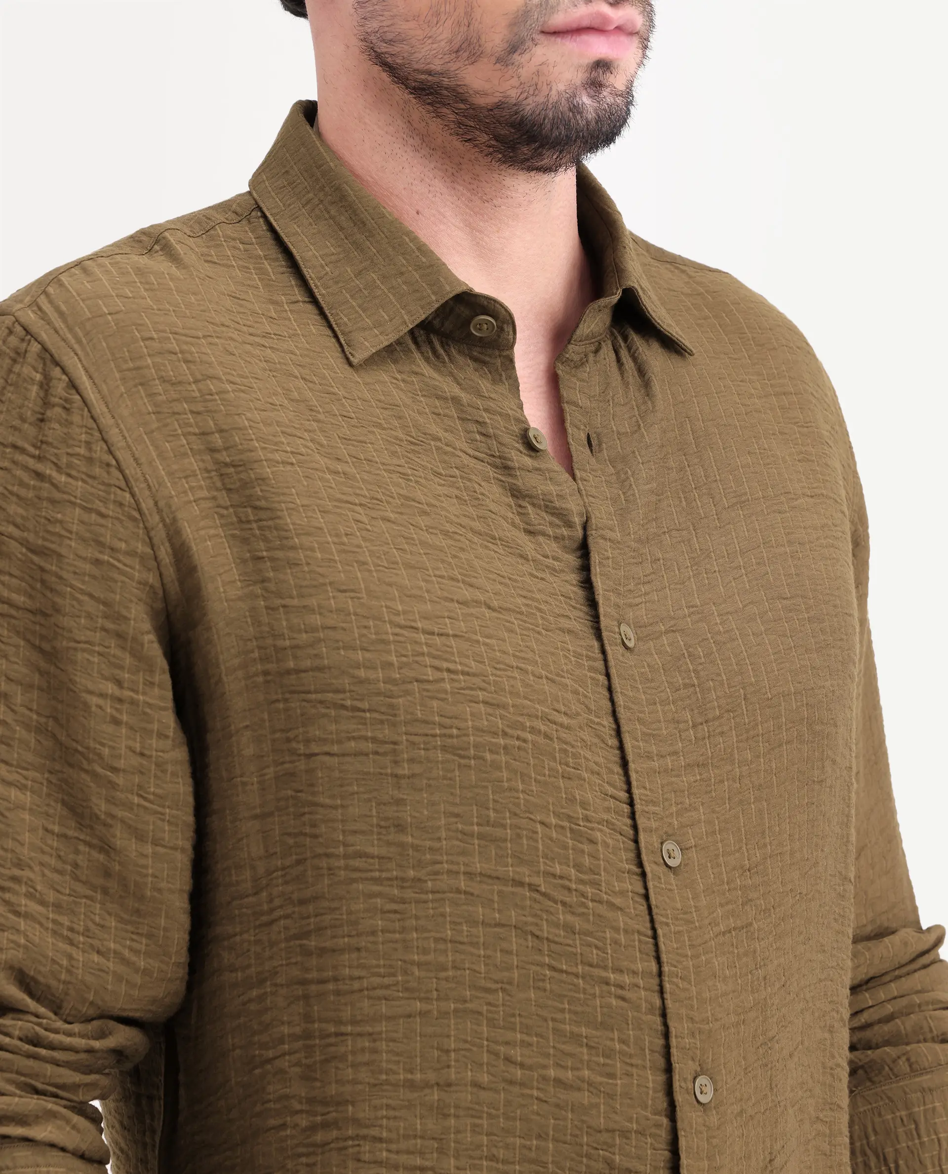Rare Rabbit Men's Veon-Ls Olive Viscose Blend Fabric Full Sleeve Spread Collar Regular Fit Plain Shirt - Image 3