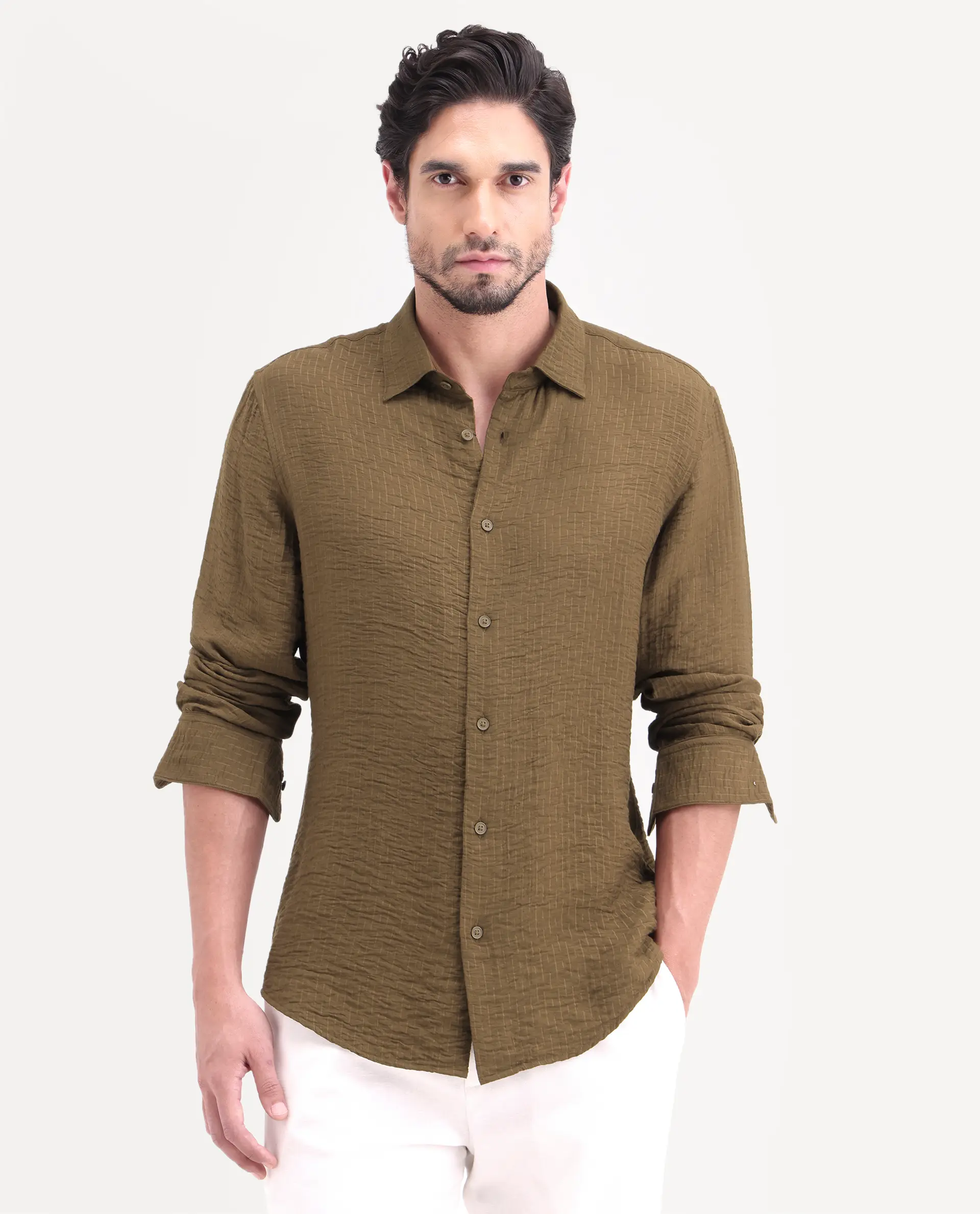 Rare Rabbit Men's Veon-Ls Olive Viscose Blend Fabric Full Sleeve Spread Collar Regular Fit Plain Shirt - Image 4