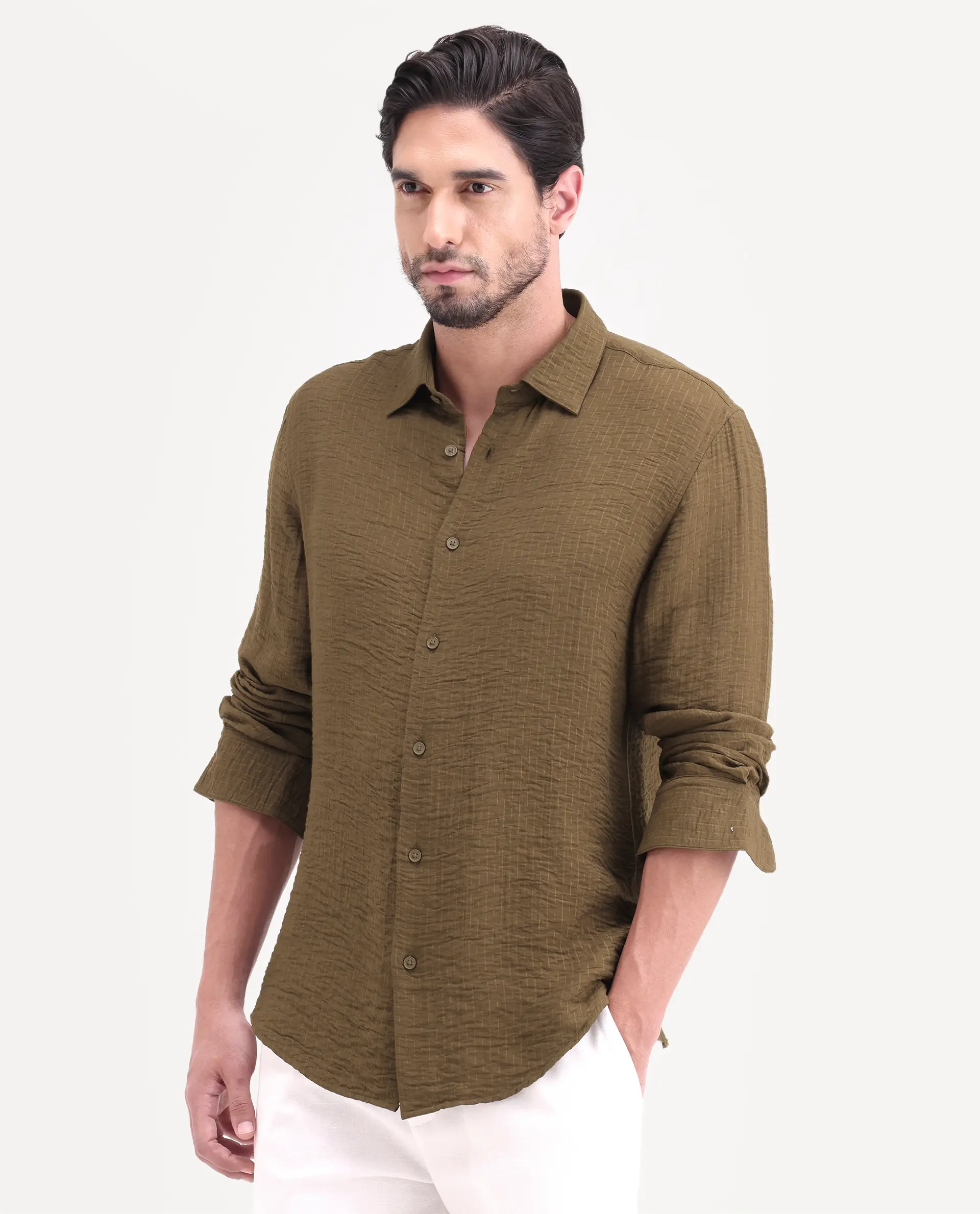 Rare Rabbit Men's Veon-Ls Olive Viscose Blend Fabric Full Sleeve Spread Collar Regular Fit Plain Shirt - Image 5
