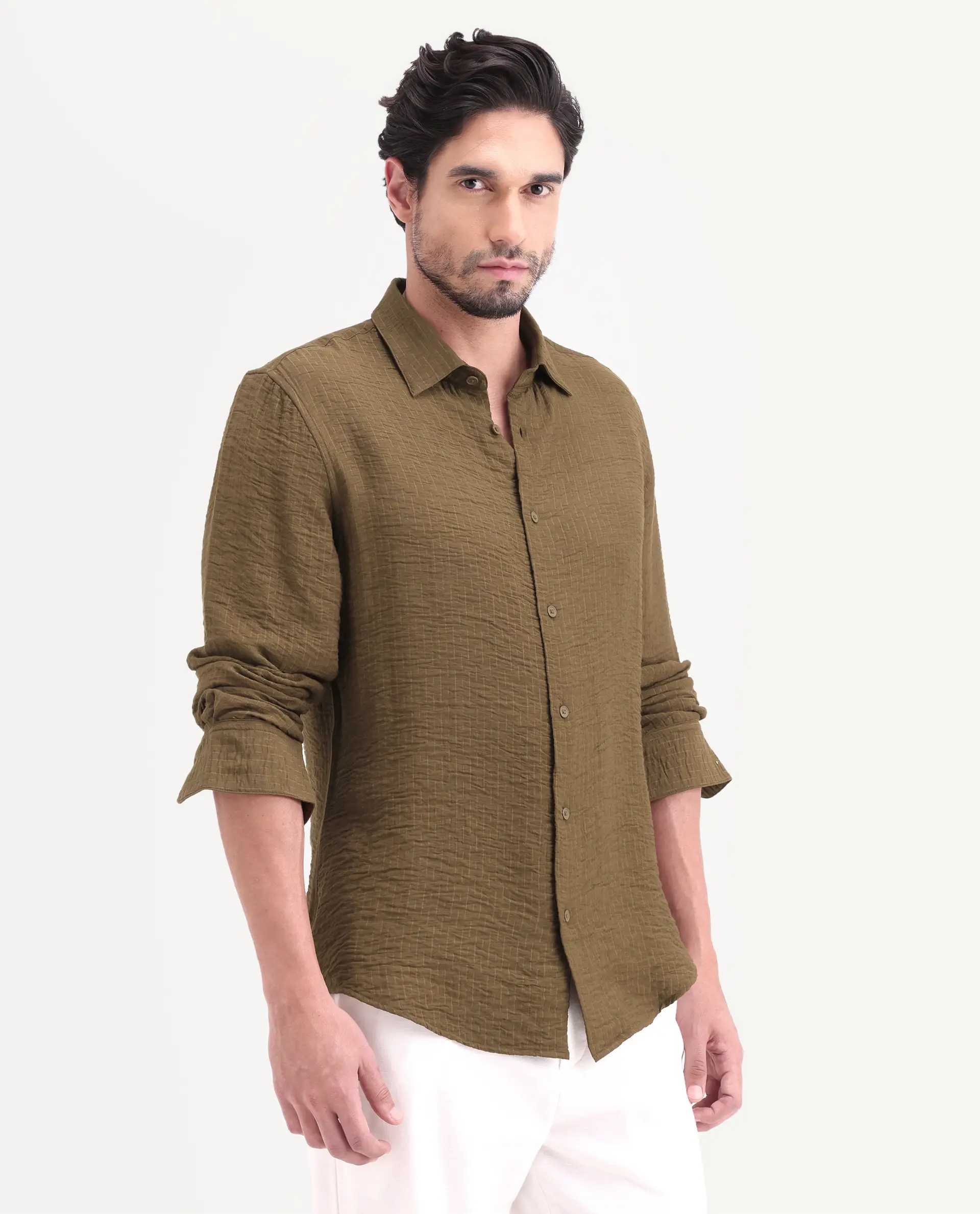 Rare Rabbit Men's Veon-Ls Olive Viscose Blend Fabric Full Sleeve Spread Collar Regular Fit Plain Shirt - Image 6