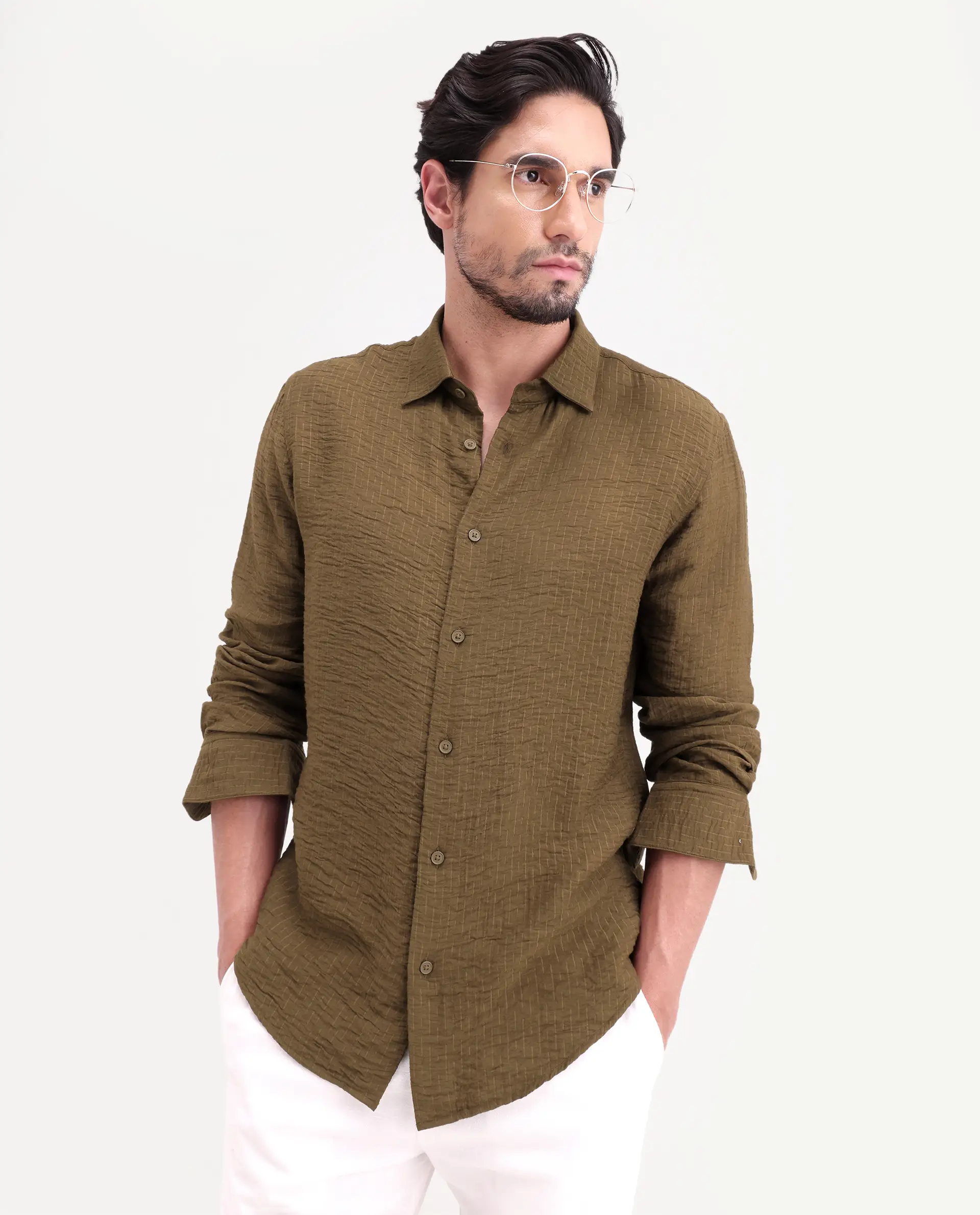 Rare Rabbit Men's Veon-Ls Olive Viscose Blend Fabric Full Sleeve Spread Collar Regular Fit Plain Shirt - Image 7
