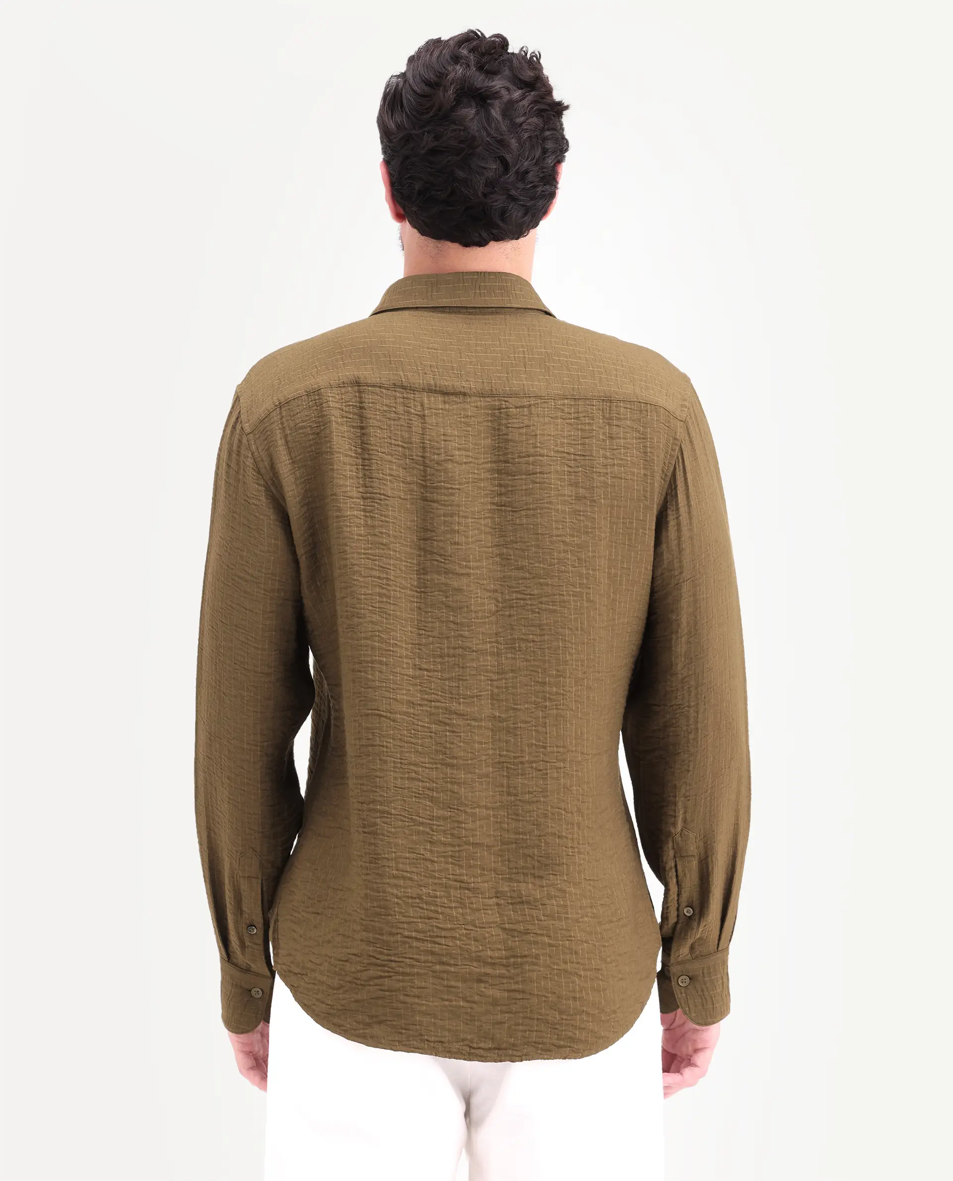 Rare Rabbit Men's Veon-Ls Olive Viscose Blend Fabric Full Sleeve Spread Collar Regular Fit Plain Shirt - Image 8
