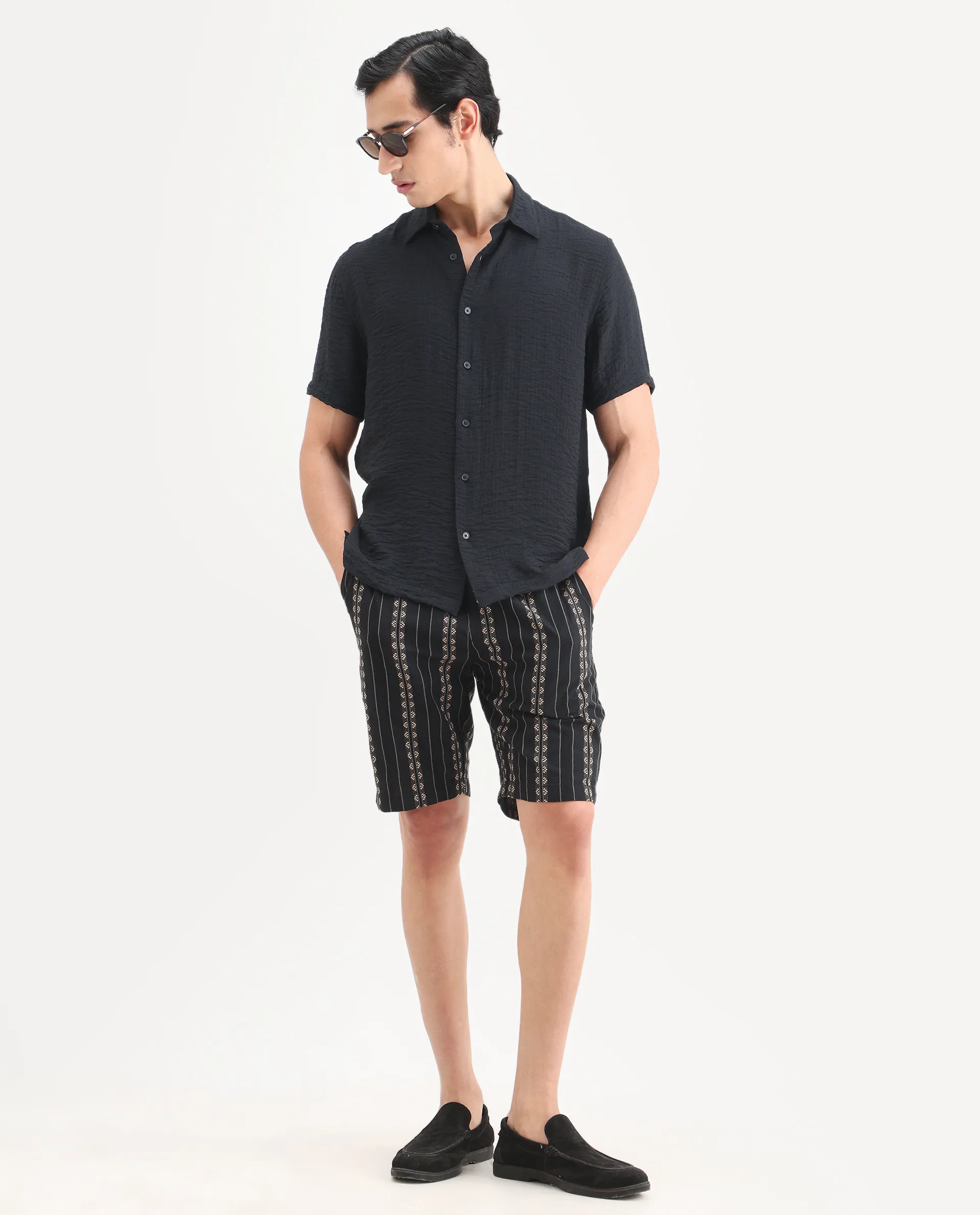 Rare Rabbit Men's Veon-Ss Black Viscose Blend Fabric Half Sleeve Spread Collar Regular Fit Plain Shirt - Image 2