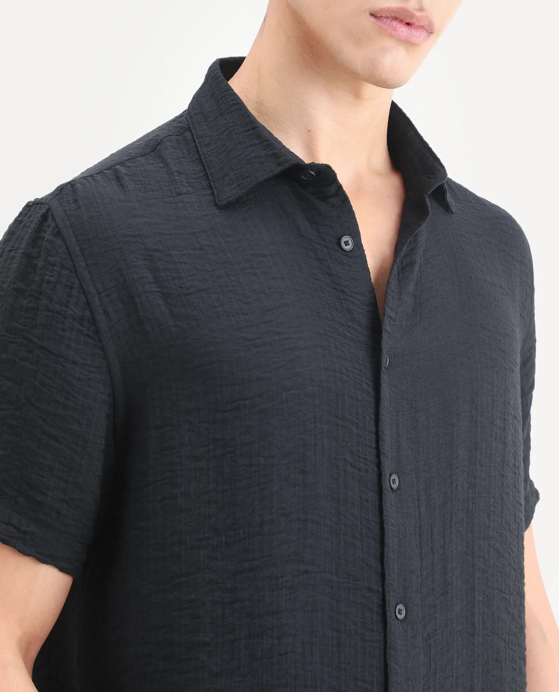 Rare Rabbit Men's Veon-Ss Black Viscose Blend Fabric Half Sleeve Spread Collar Regular Fit Plain Shirt - Image 3