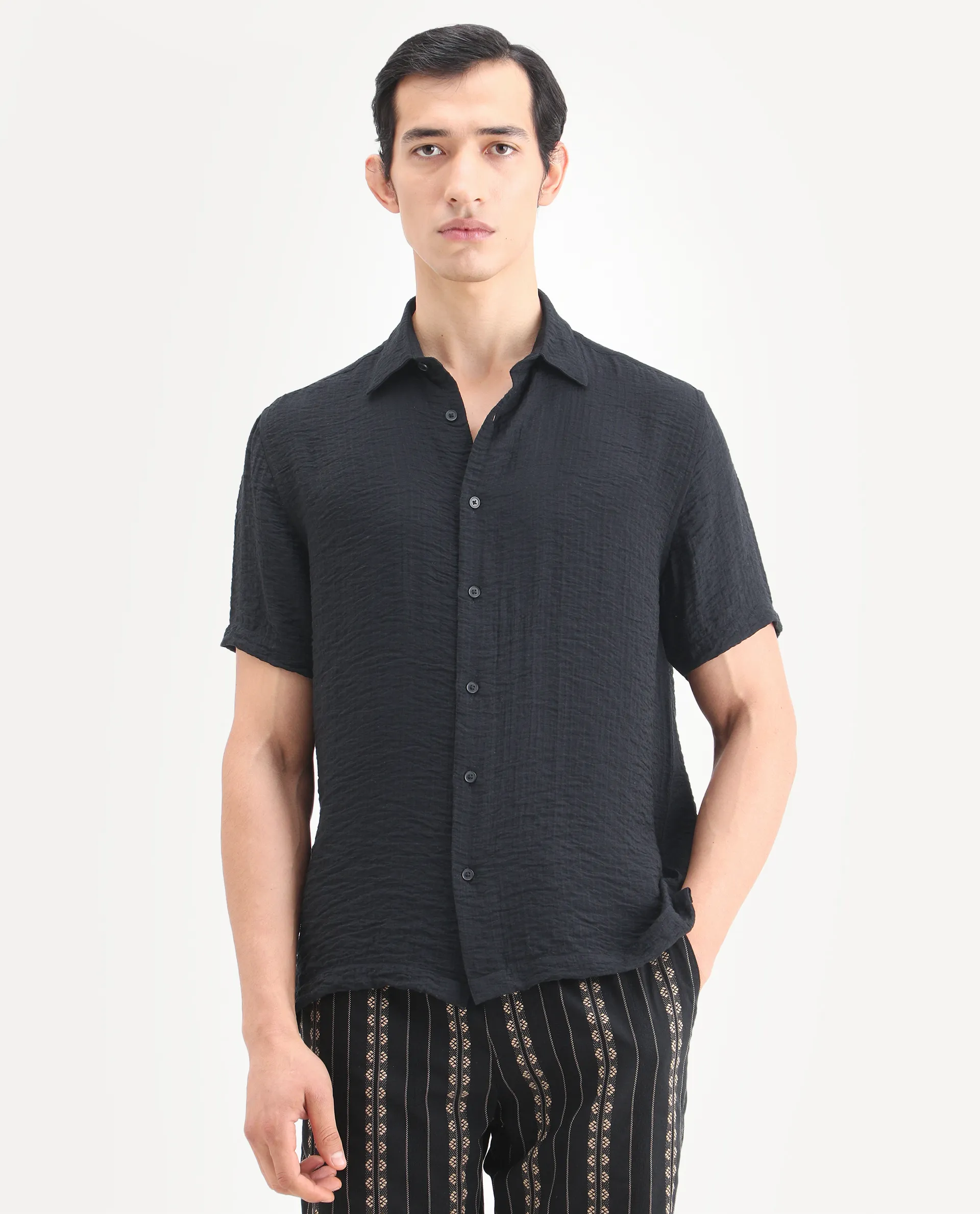 Rare Rabbit Men's Veon-Ss Black Viscose Blend Fabric Half Sleeve Spread Collar Regular Fit Plain Shirt - Image 4