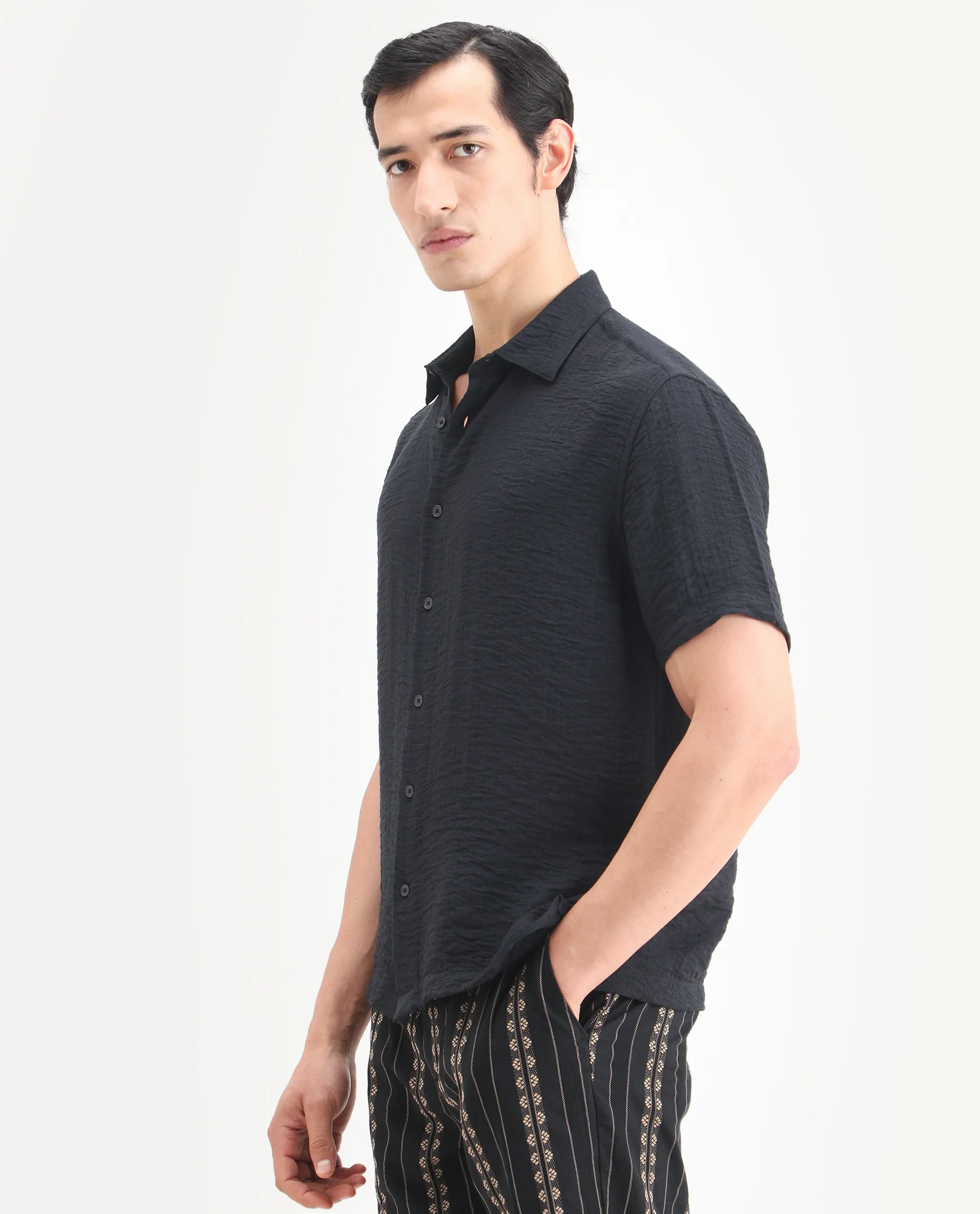 Rare Rabbit Men's Veon-Ss Black Viscose Blend Fabric Half Sleeve Spread Collar Regular Fit Plain Shirt - Image 5